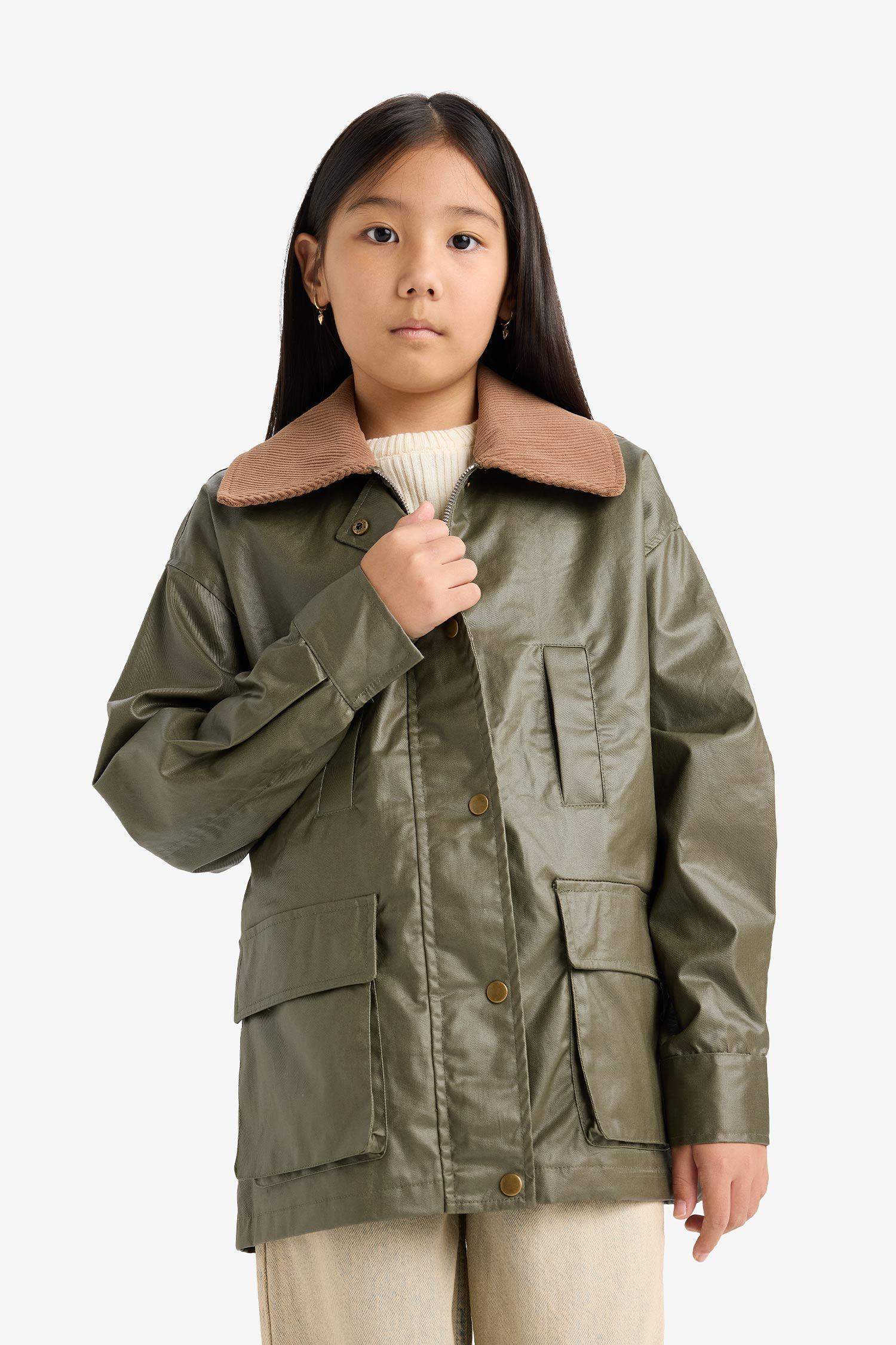 Kız Çocuk Kontrast Yaka Fermuarlı Parka