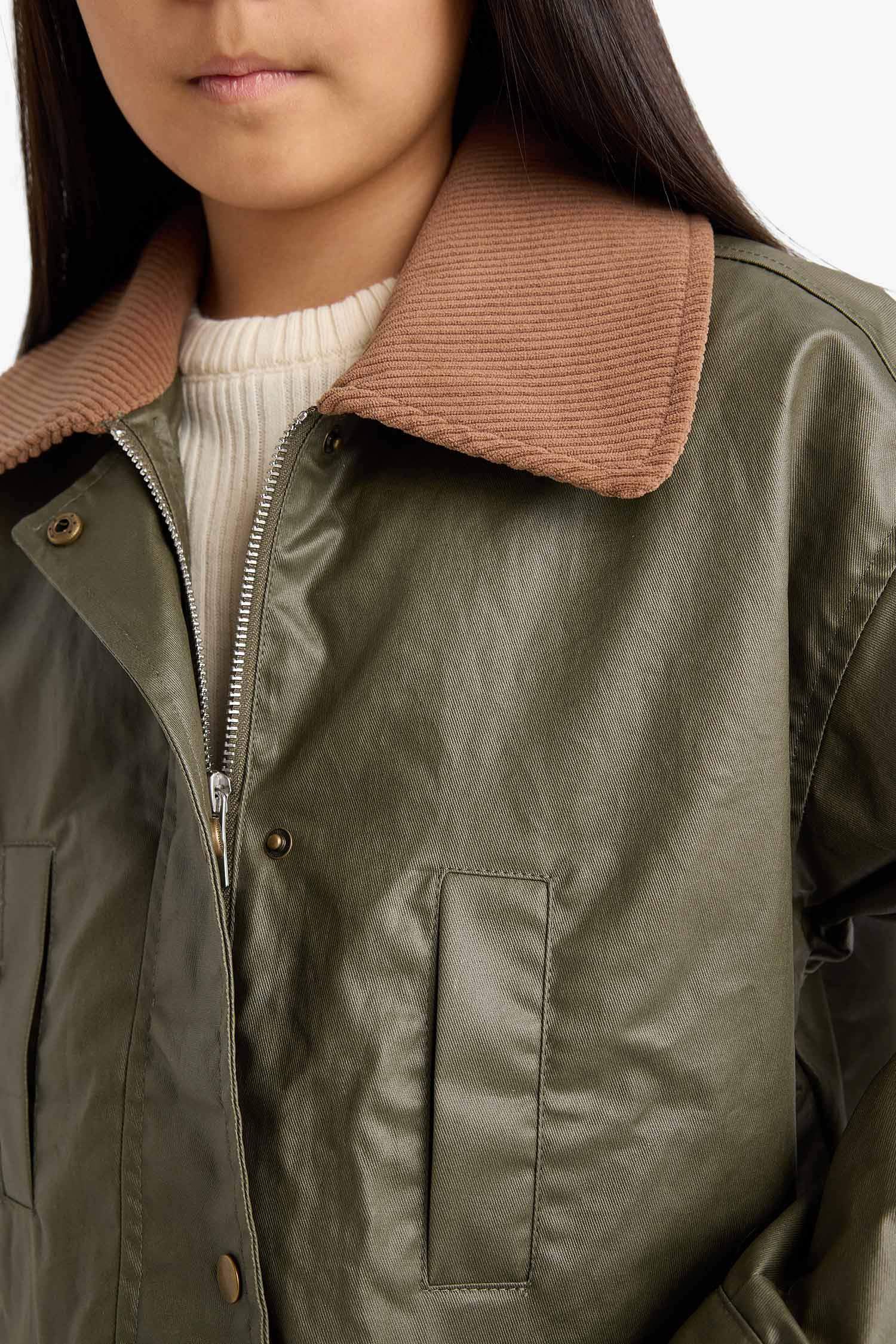 Kız Çocuk Kontrast Yaka Fermuarlı Parka