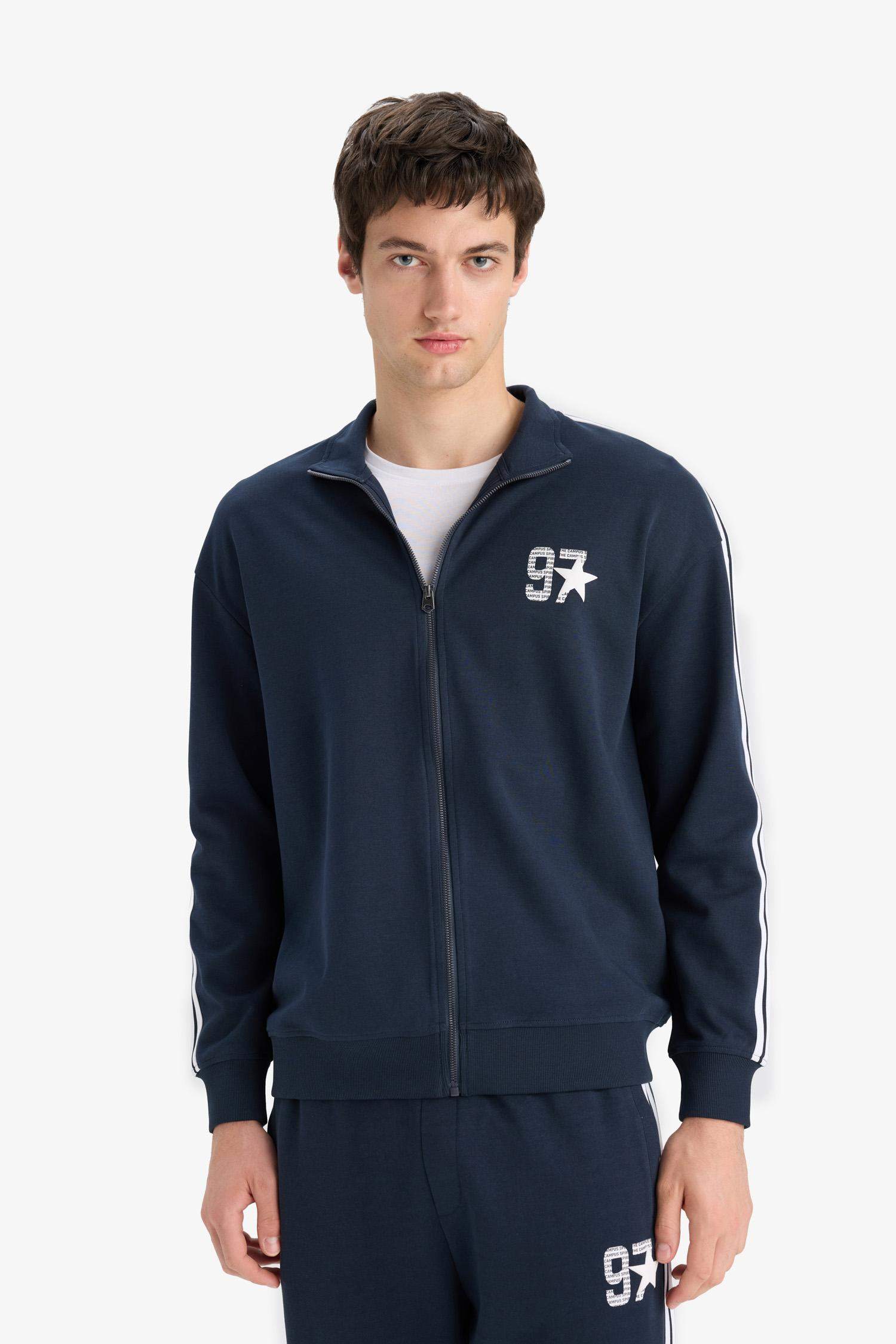 Boxy Fit Dik Yaka Baskılı Fermuarlı Sweatshirt