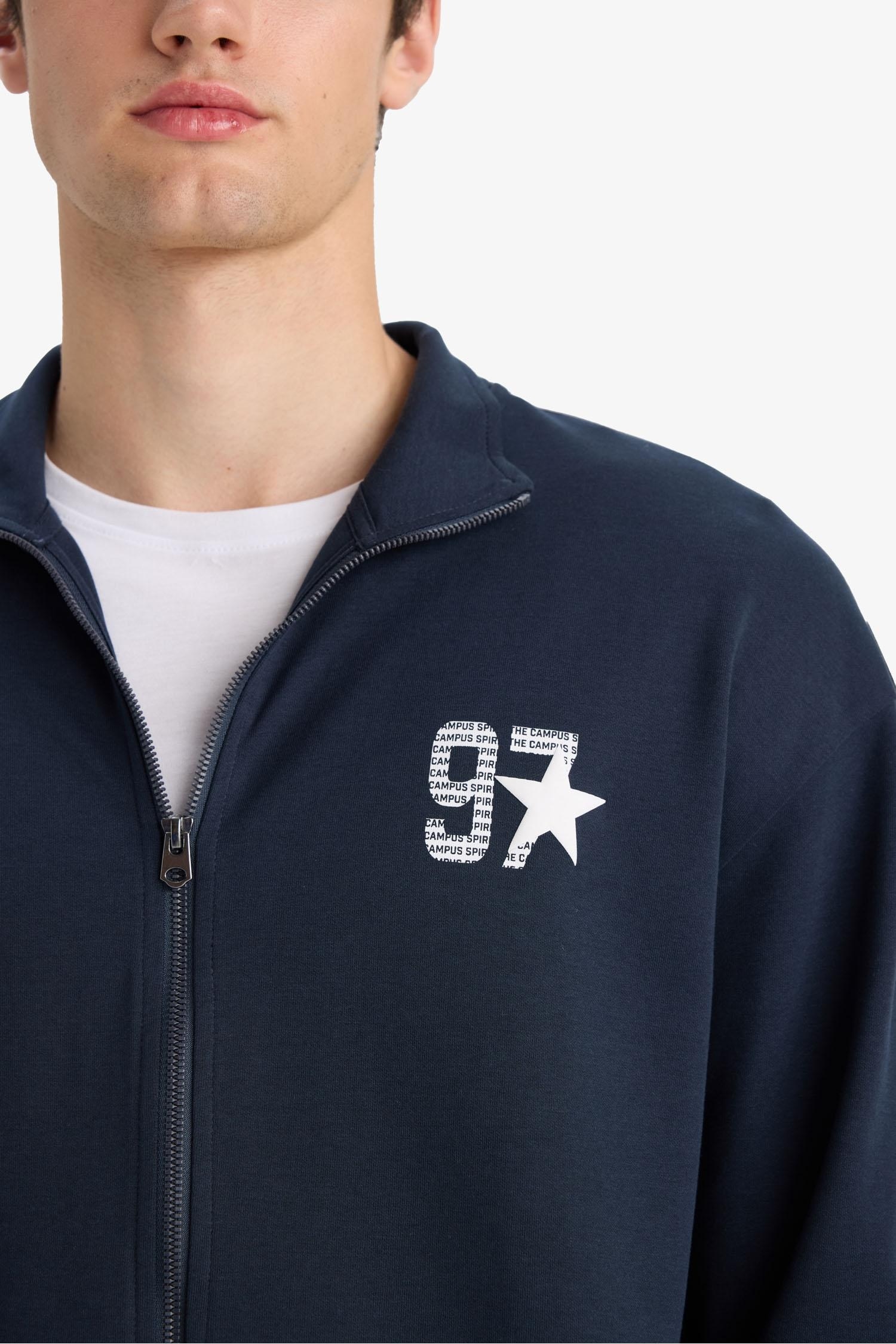 Boxy Fit Dik Yaka Baskılı Fermuarlı Sweatshirt