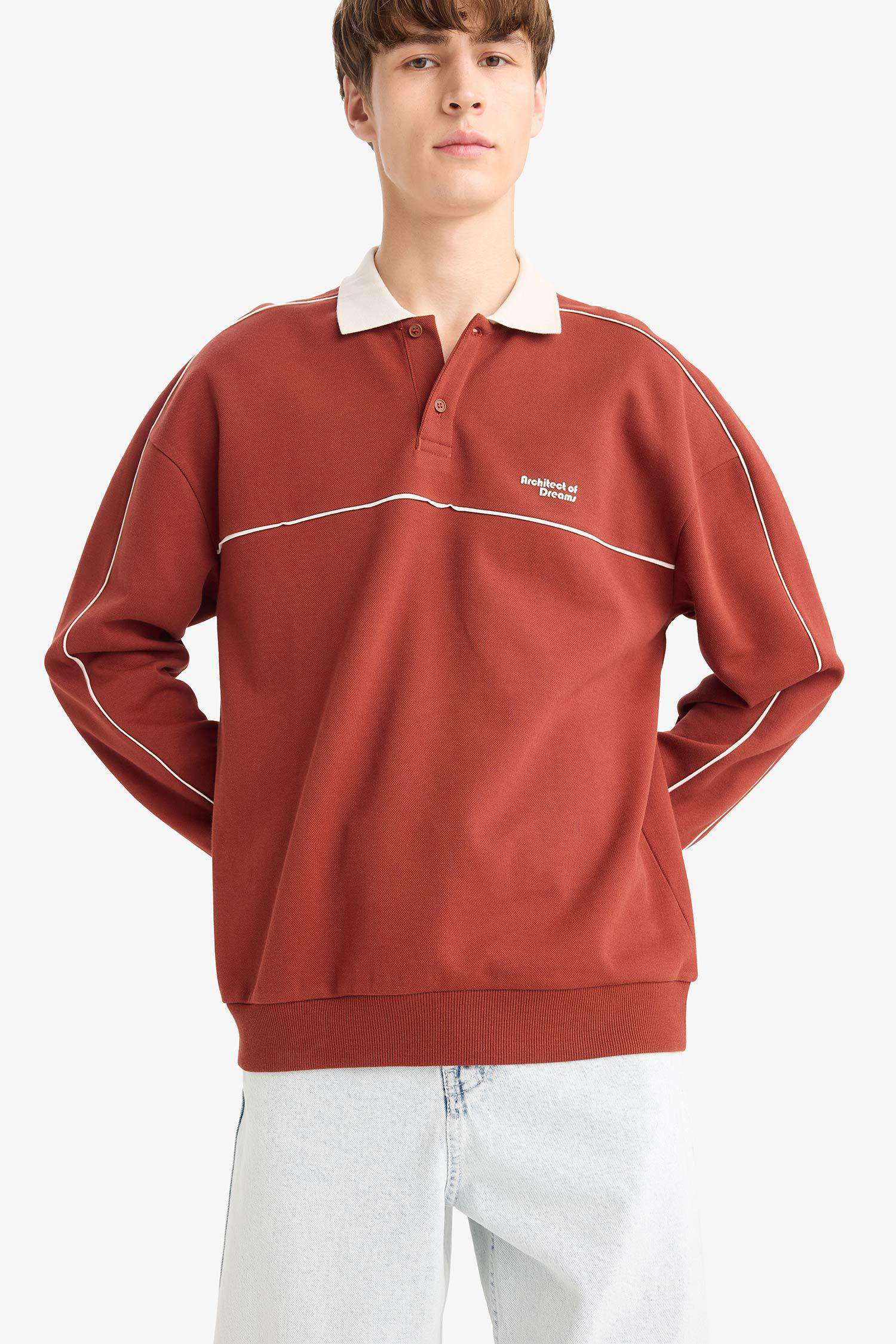 سويت شيرت مطبوع أوفر سايز برقبة بولو