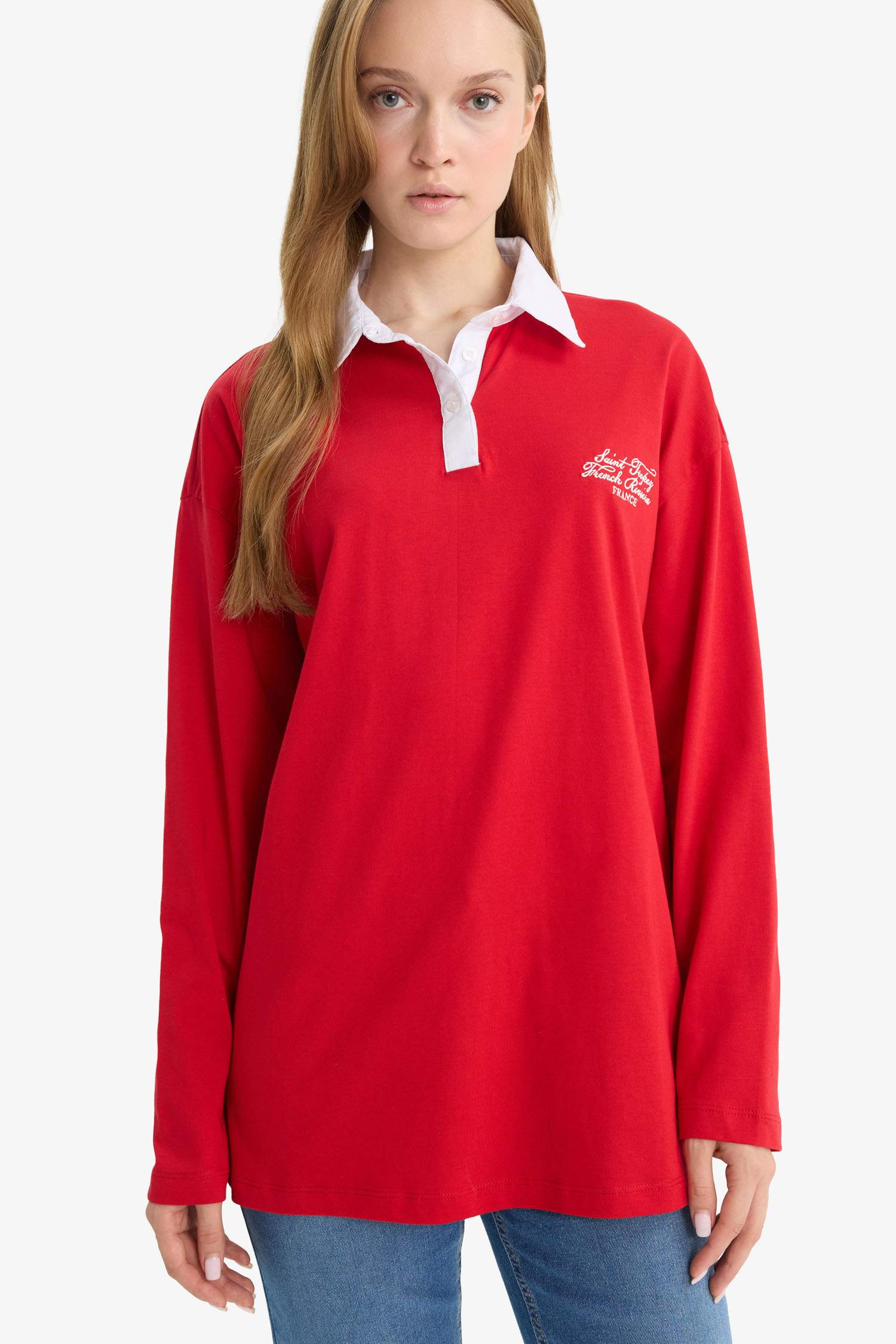 Regular Fit Polo Yaka İşlemeli Uzun Kollu Tunik