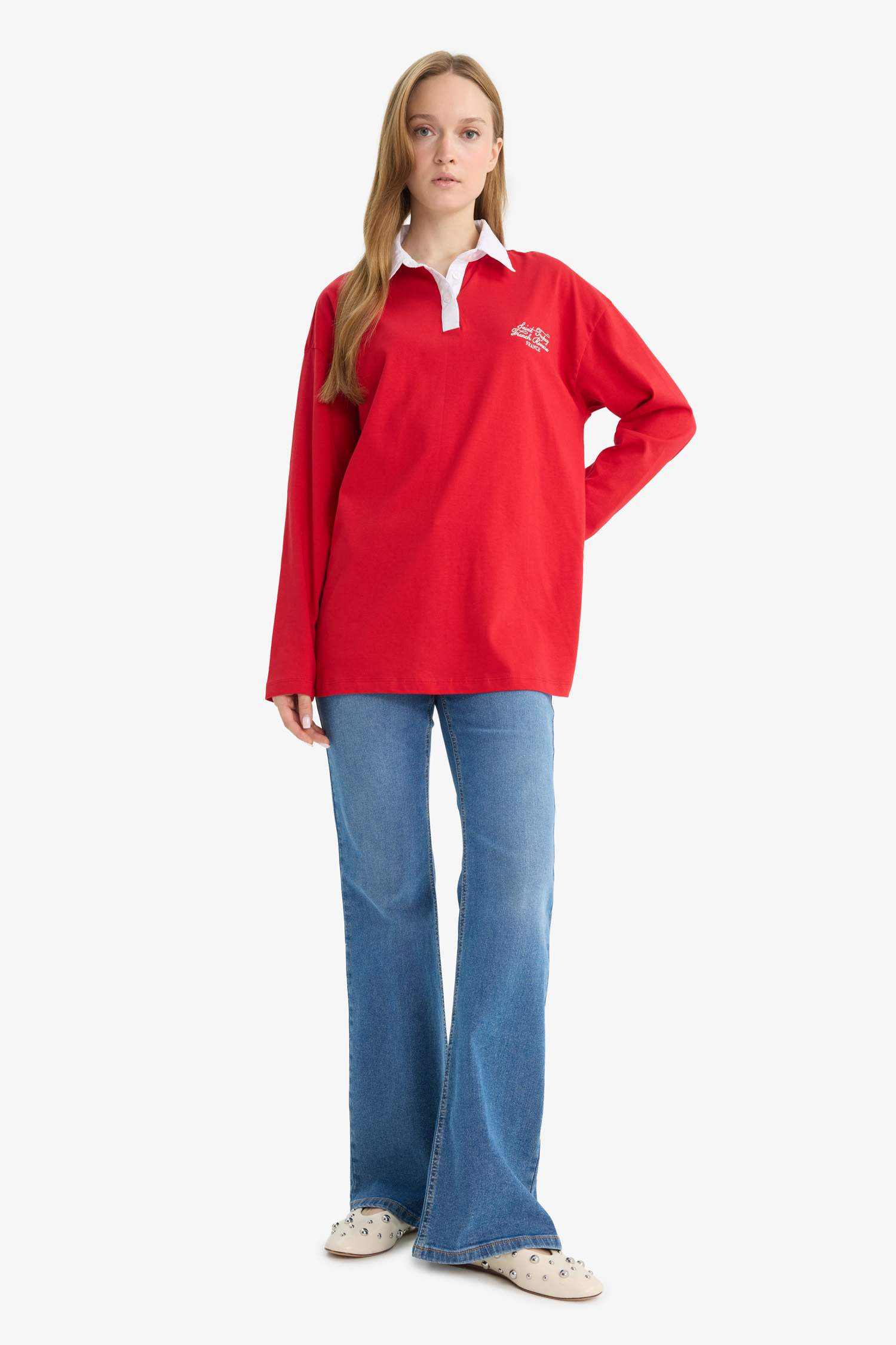 Regular Fit Polo Yaka İşlemeli Uzun Kollu Tunik