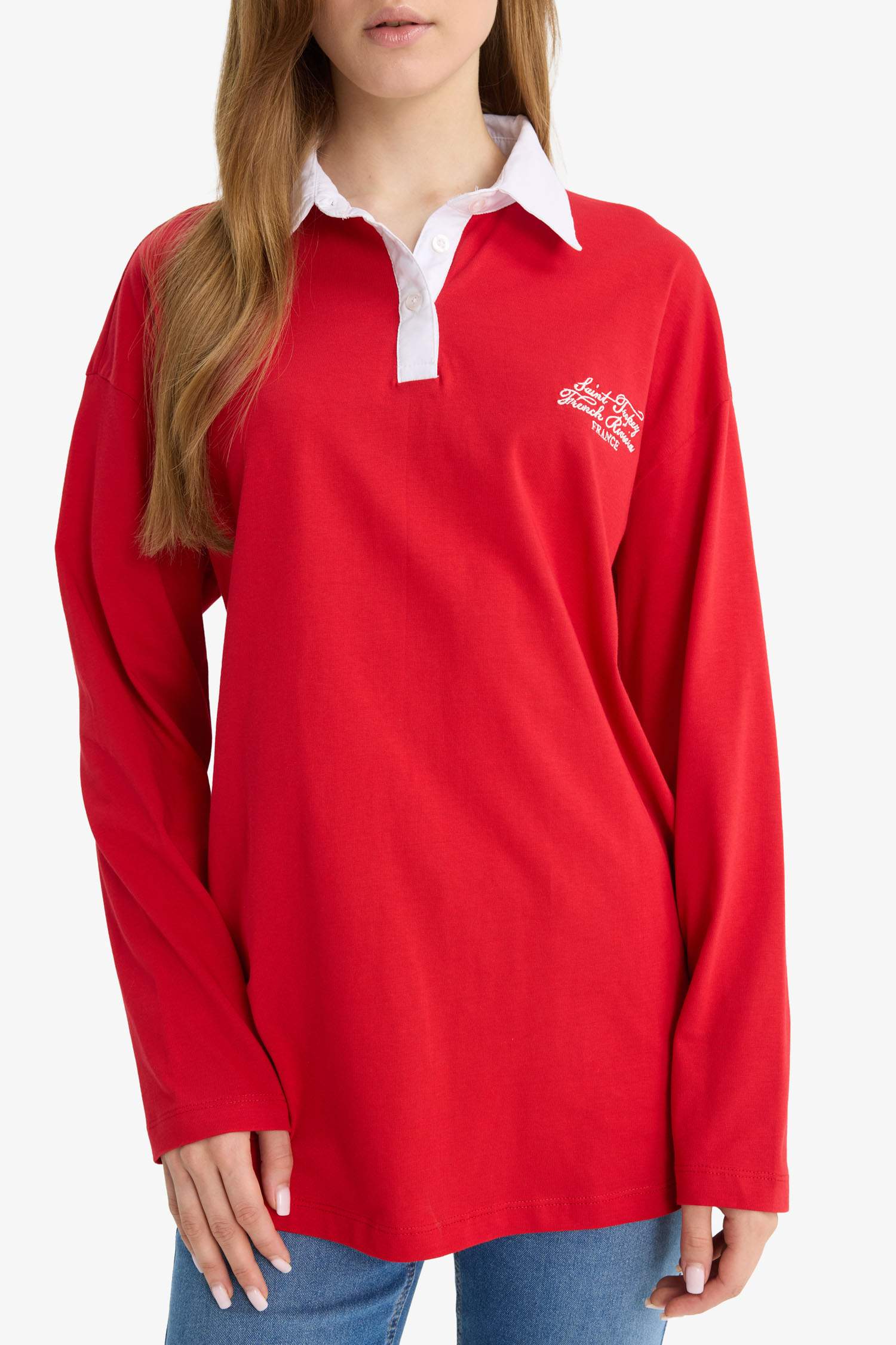 Regular Fit Polo Yaka İşlemeli Uzun Kollu Tunik