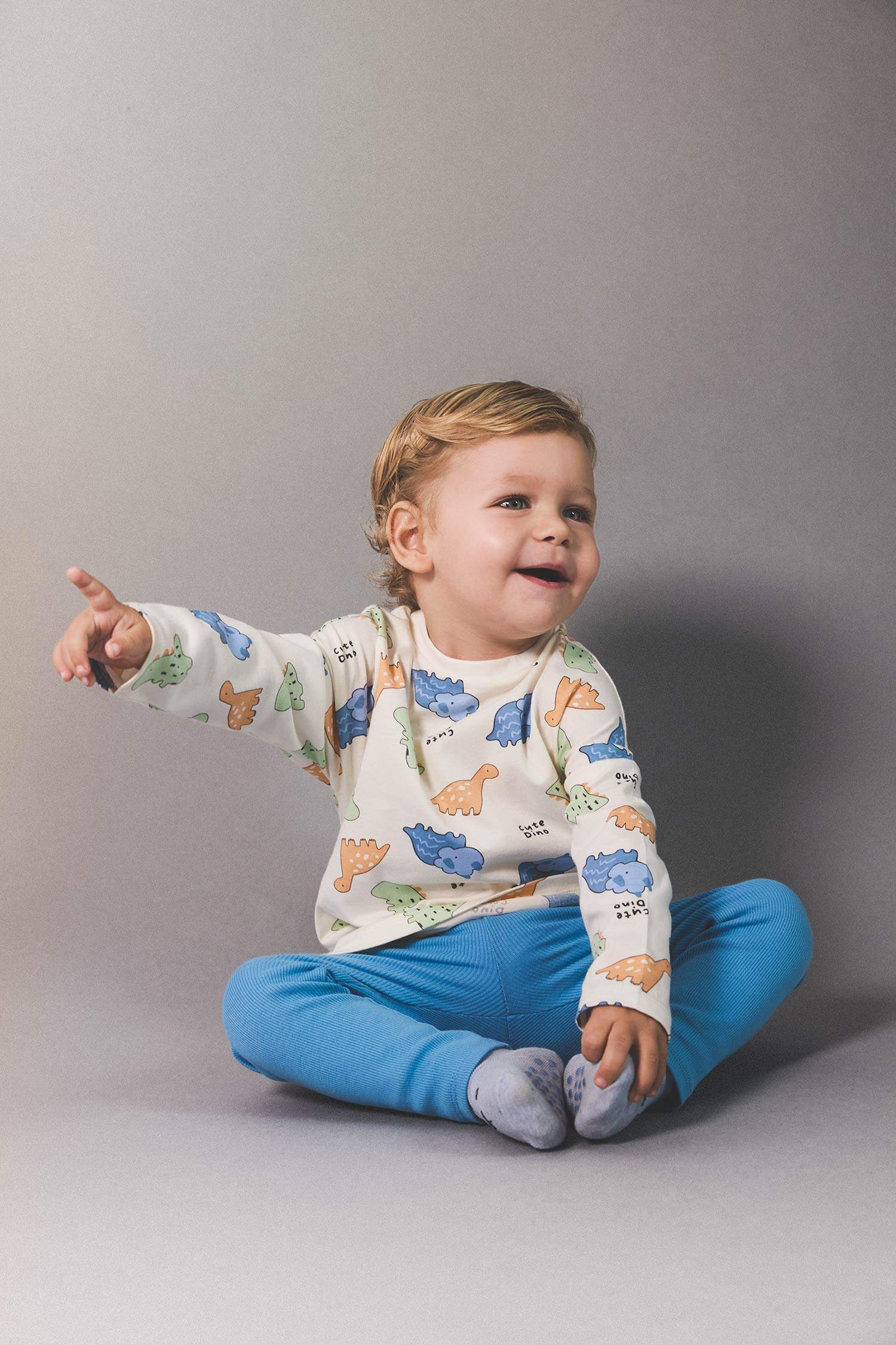 Erkek Bebek Yenidoğan Dinozor Baskılı Penye 2'li Uzun Kollu Tişört