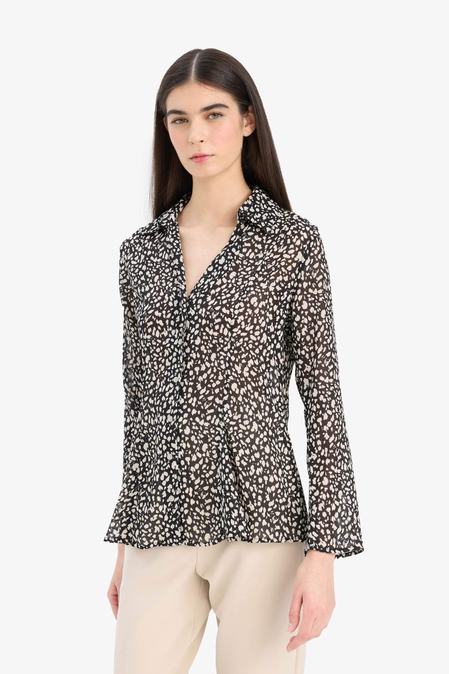 قميص كم طويل شيفون مطبوعة سليم فيت بياقة قميص