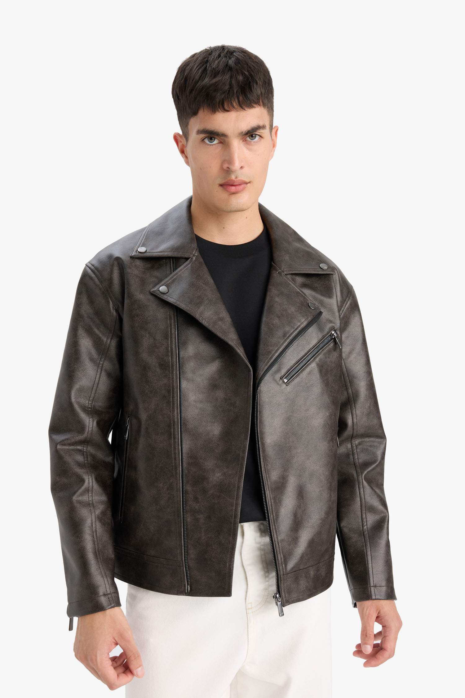 Slim Fit Polo Collar Zippered Faux Leather Jacket