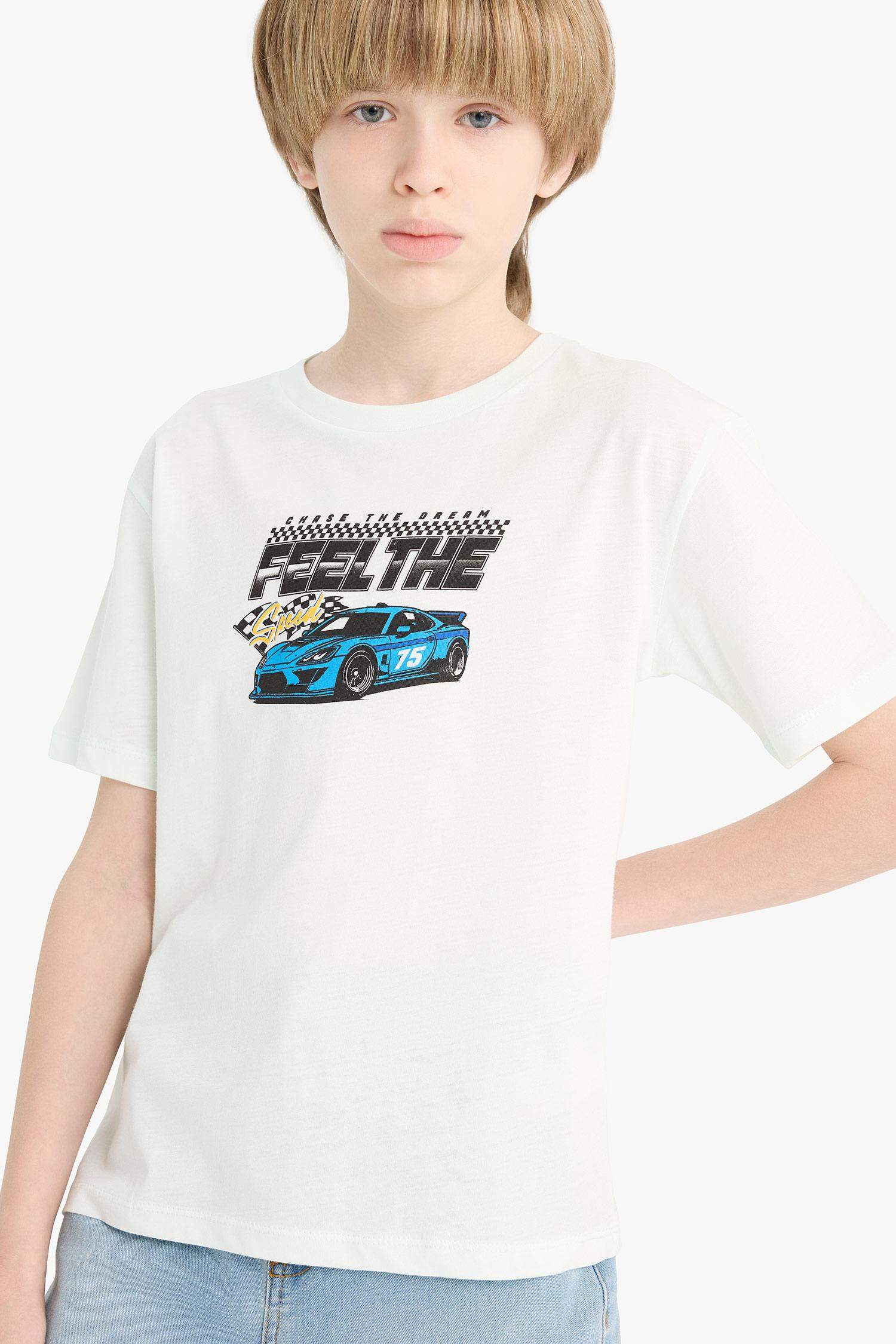 تيشيرت نص كم أولادي أبيض مطبوع قصة عادية برقبة مستديرة