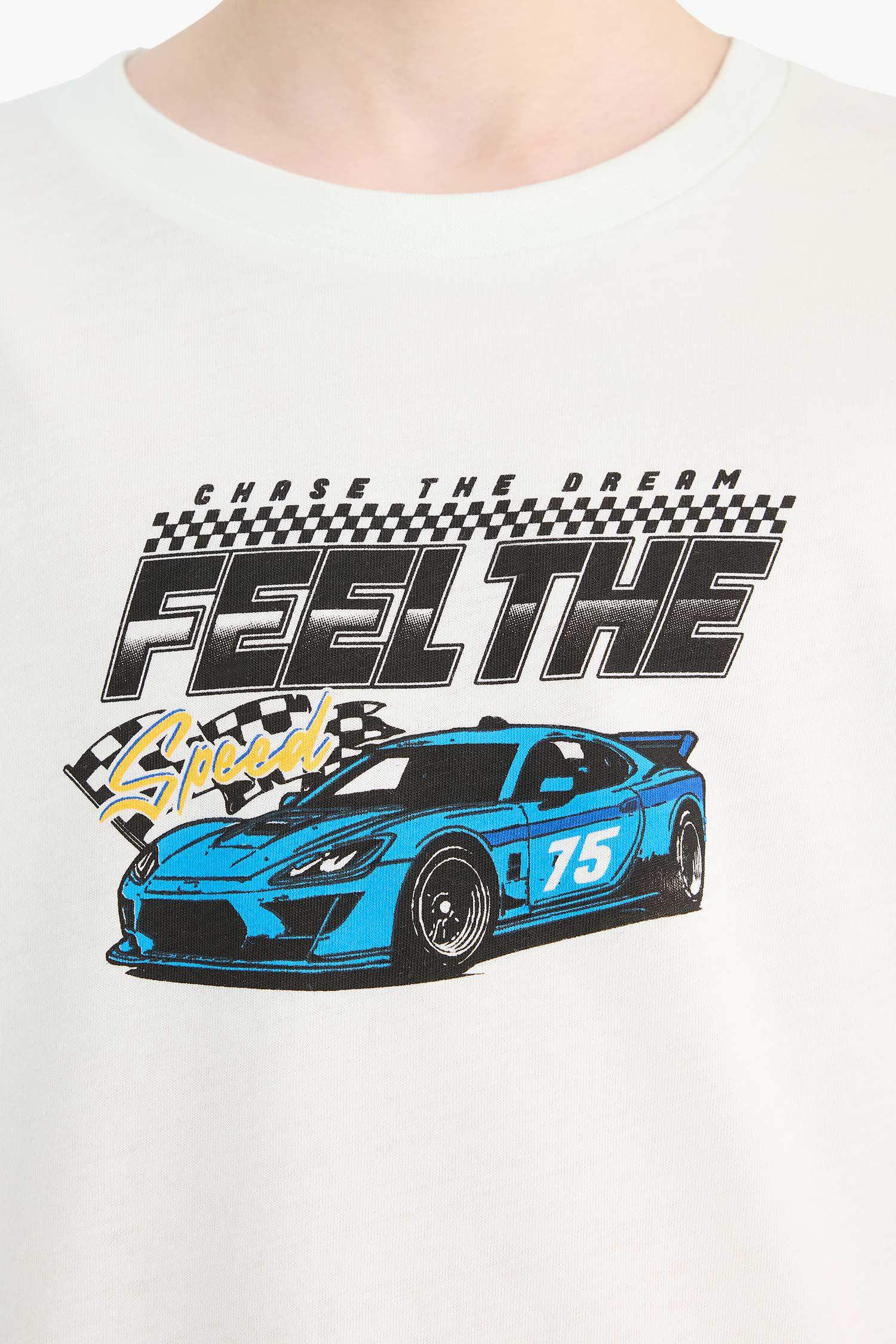 تيشيرت نص كم أولادي أبيض مطبوع قصة عادية برقبة مستديرة