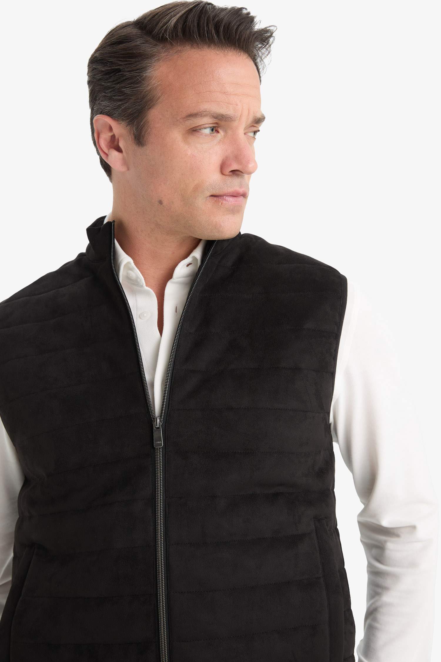 Slim Fit Dar Kesim Dik Yaka Astarlı Fermuarlı Cepli Mevsimlik Baharlık Süet Yelek