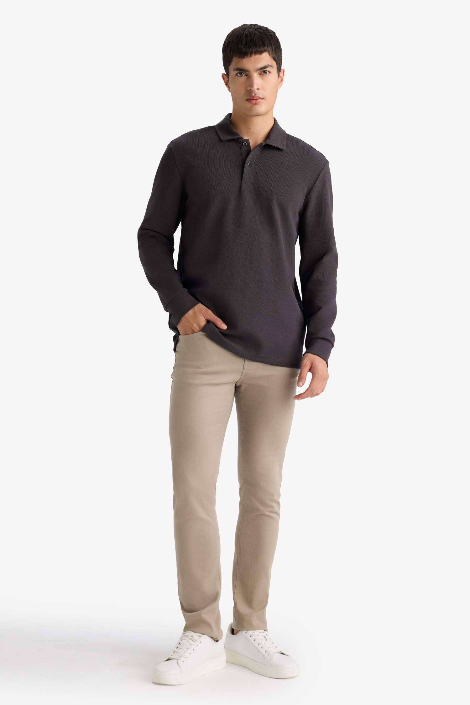 Regular Fit Polo Yaka Waffle Sweatshirt