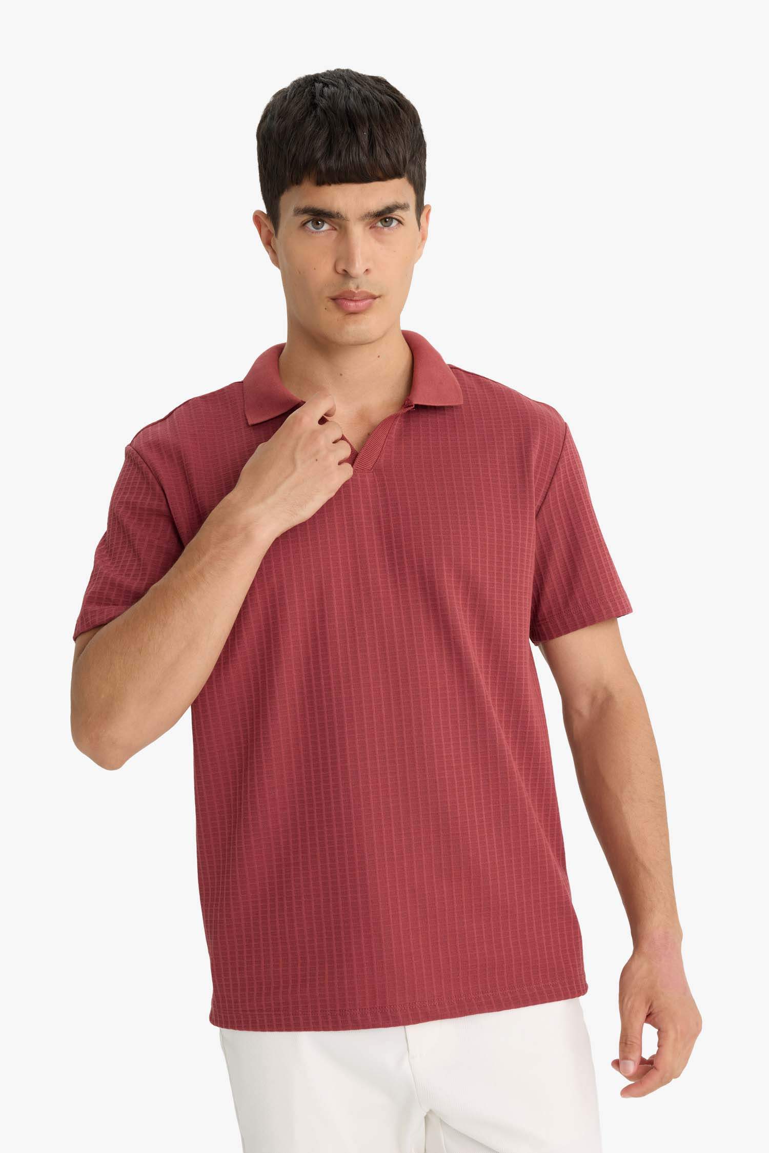 Regular Fit Polo Yaka Waffle Dokulu Kumaş Kısa Kollu Tişört