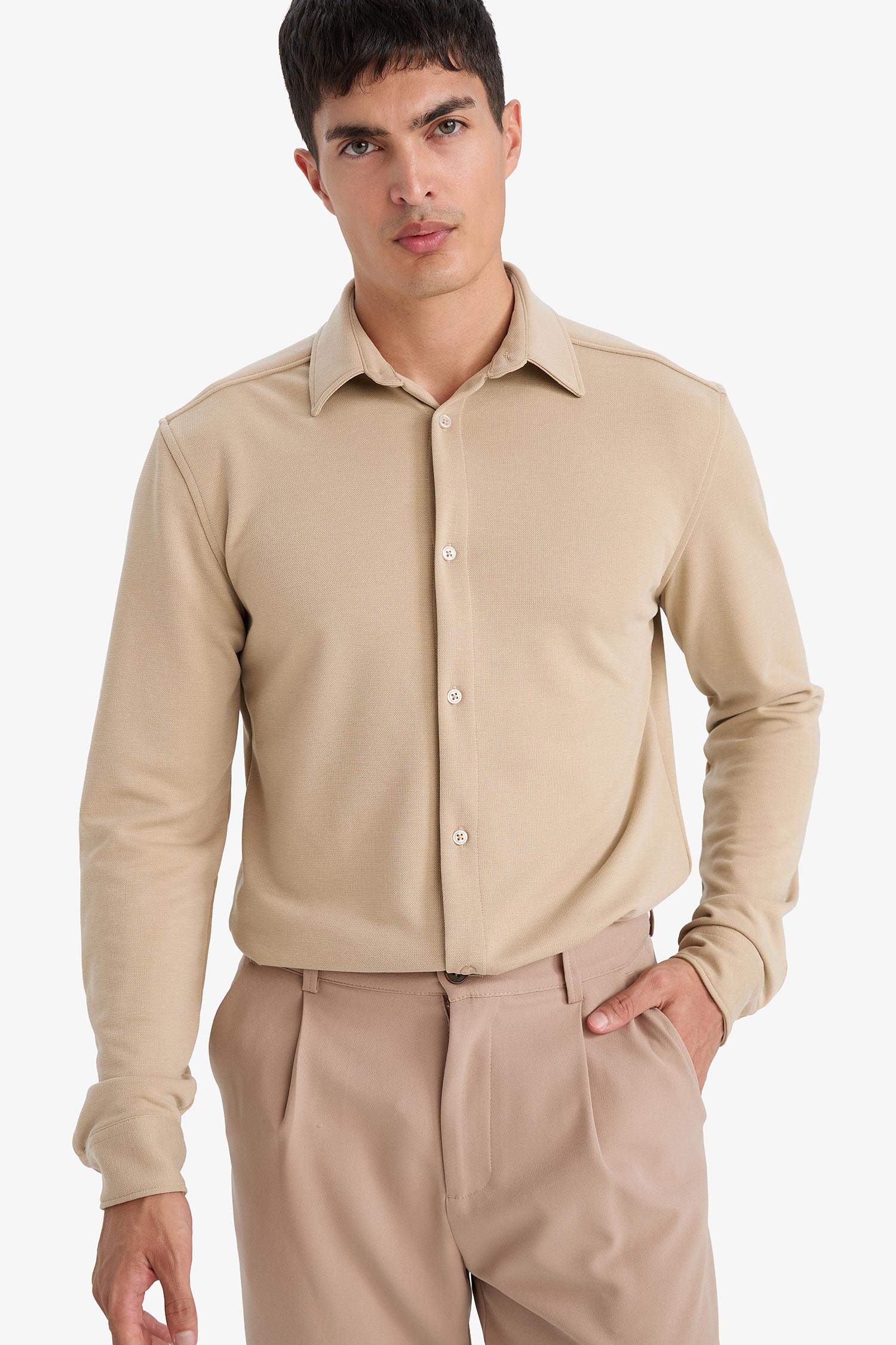 Modern Fit Polo Yaka Pike Uzun Kollu Gömlek