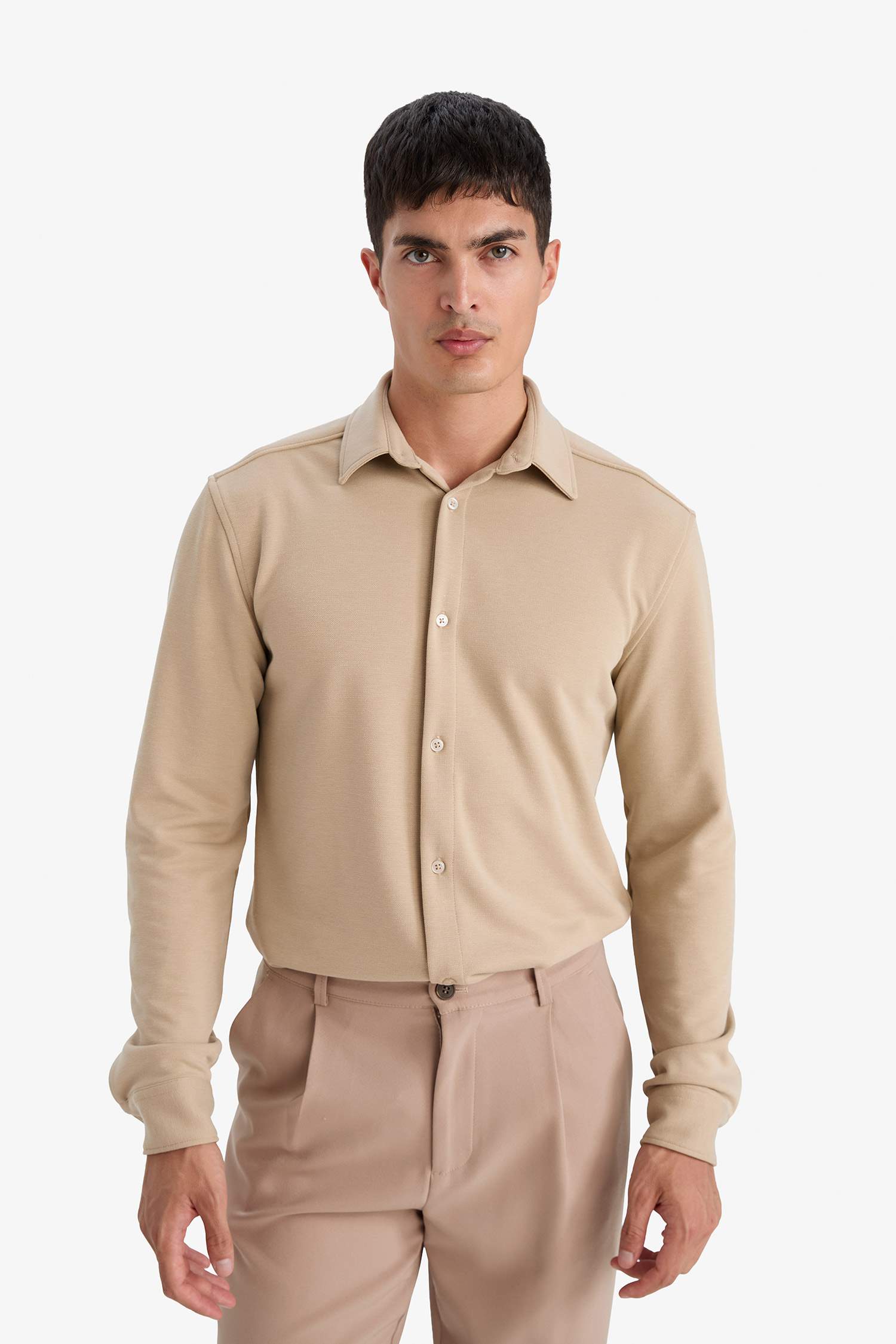 Modern Fit Polo Yaka Pike Uzun Kollu Gömlek