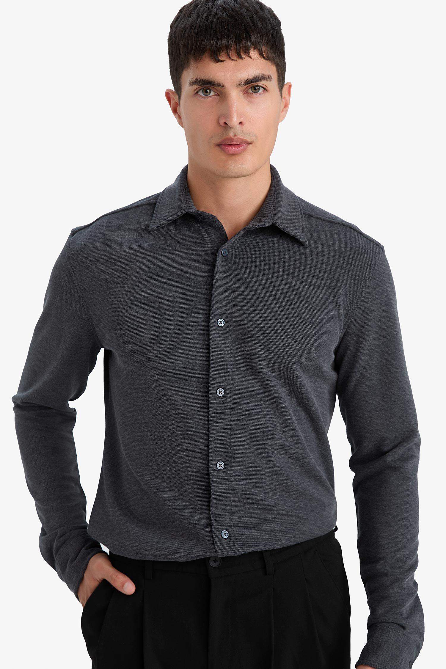 Modern Fit Polo Yaka Pike Uzun Kollu Gömlek