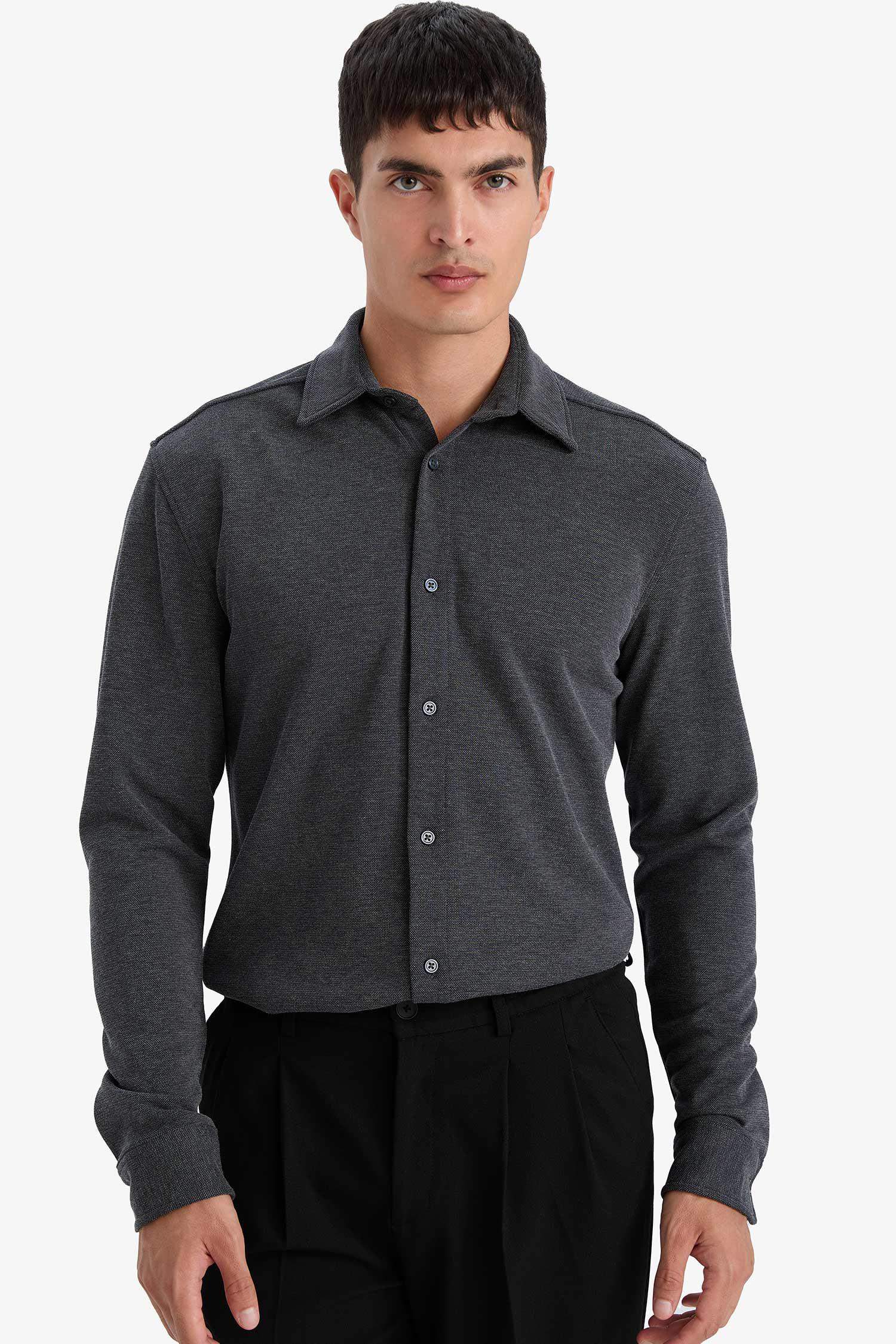 Modern Fit Polo Yaka Pike Uzun Kollu Gömlek