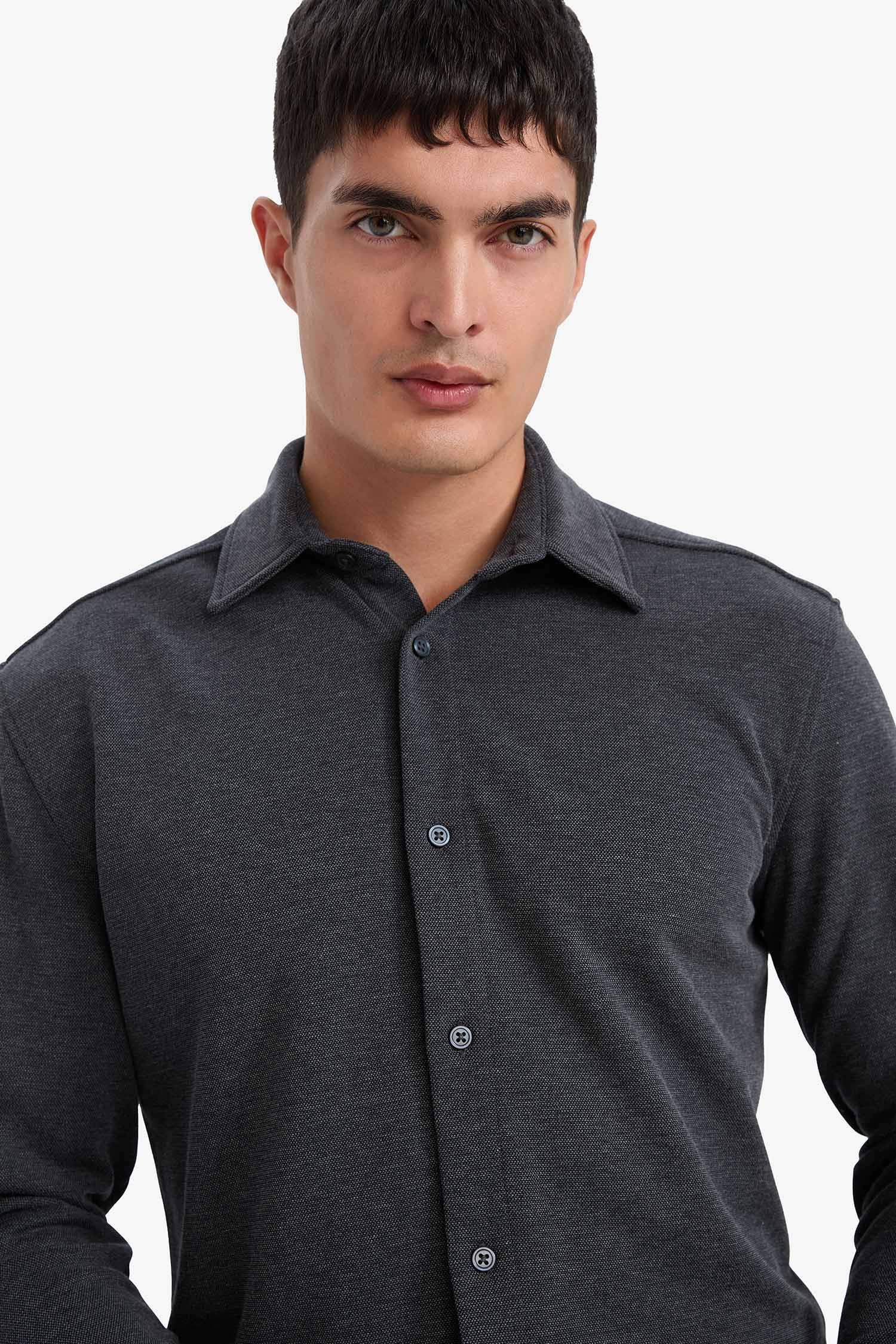 Modern Fit Polo Yaka Pike Uzun Kollu Gömlek