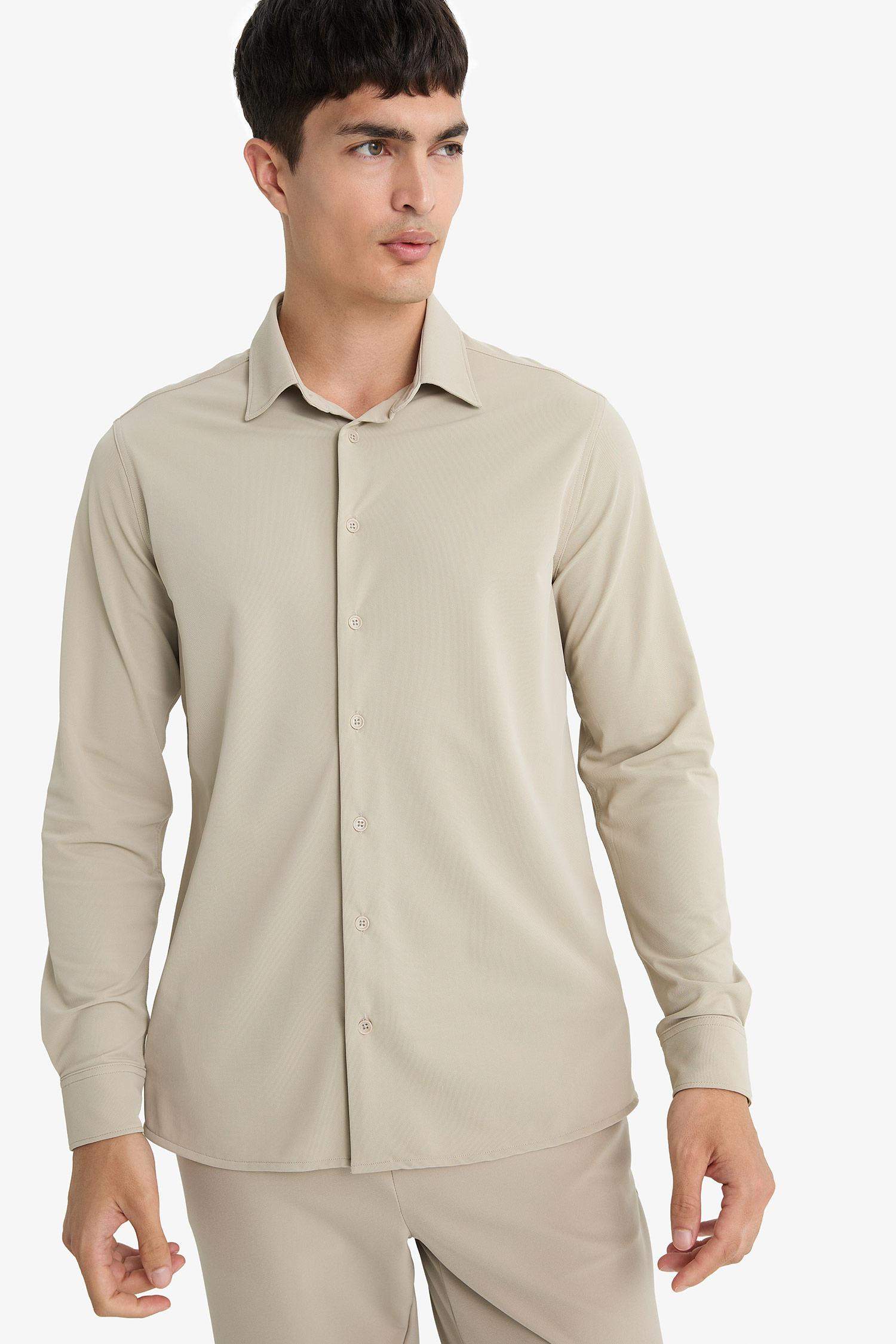 Slim Fit Dar Kesim Polo Yaka Pike Uzun Kollu Gömlek