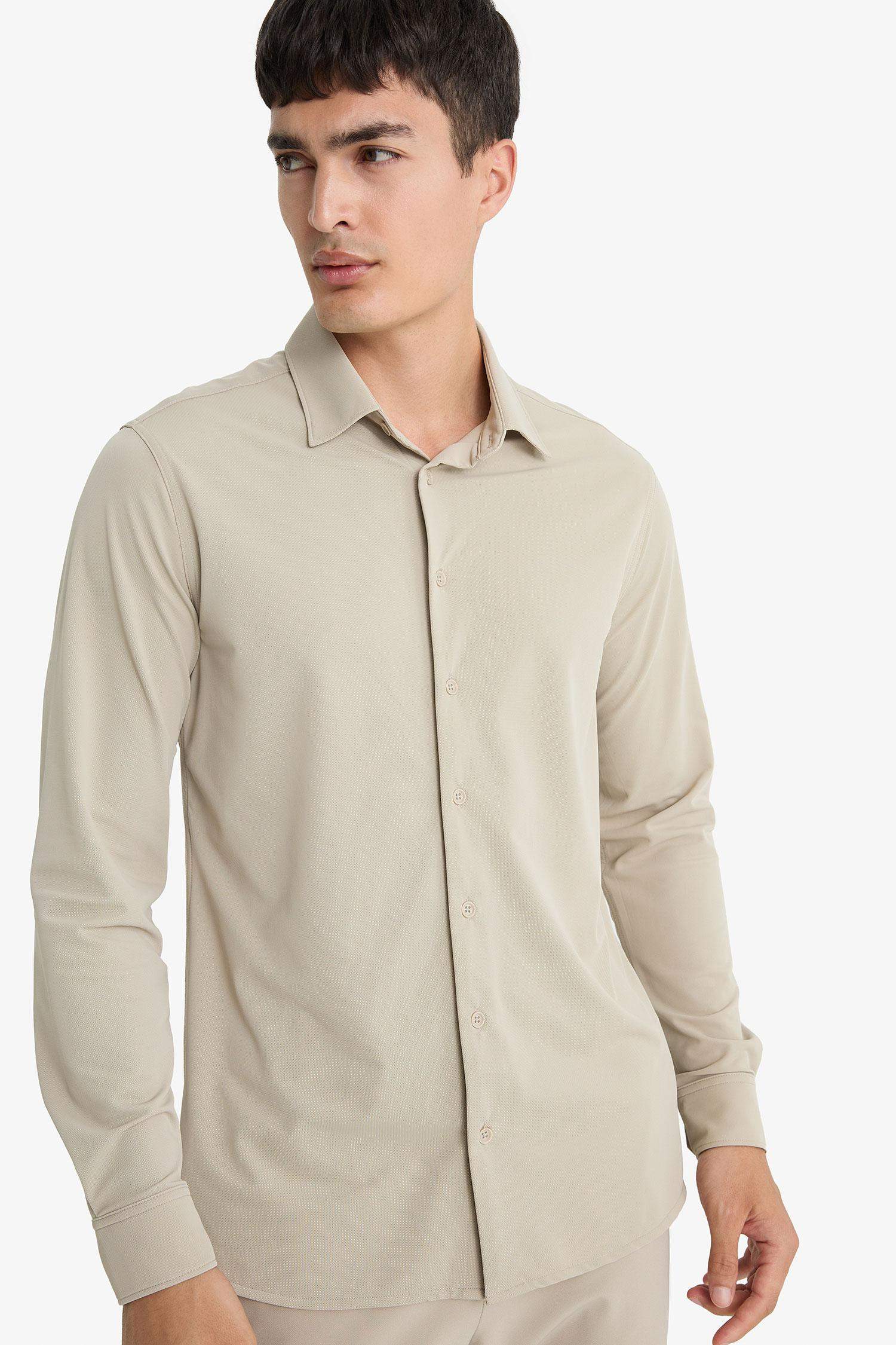 Slim Fit Dar Kesim Polo Yaka Pike Uzun Kollu Gömlek