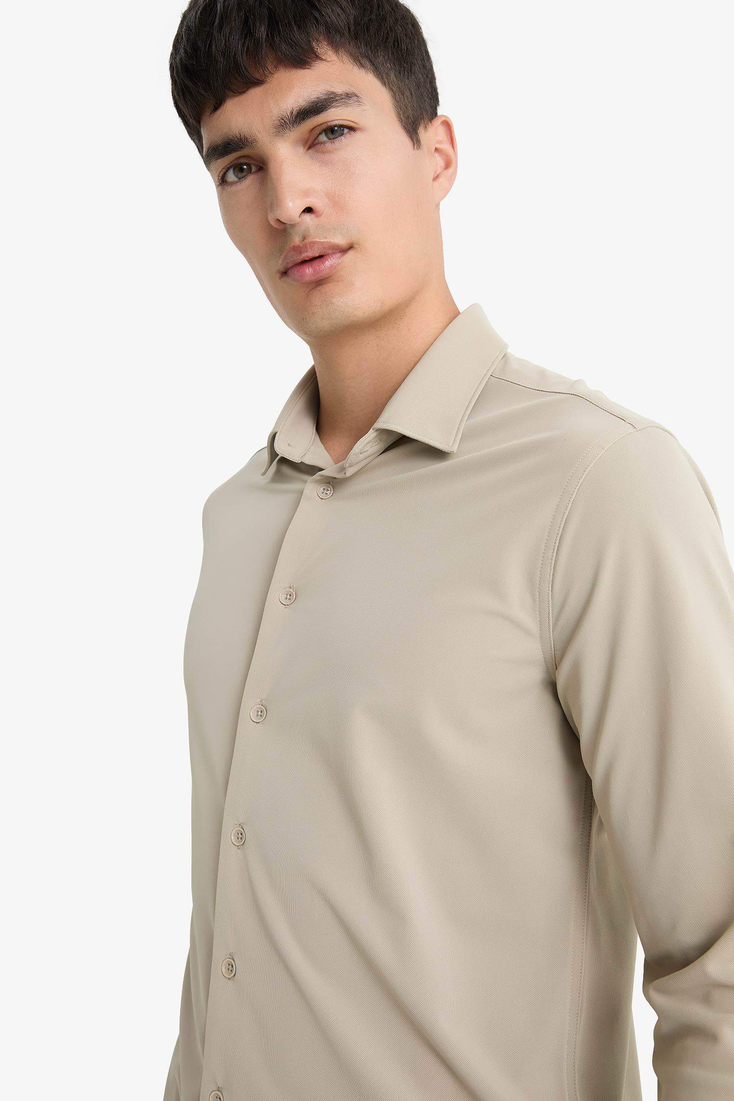 Slim Fit Dar Kesim Polo Yaka Pike Uzun Kollu Gömlek