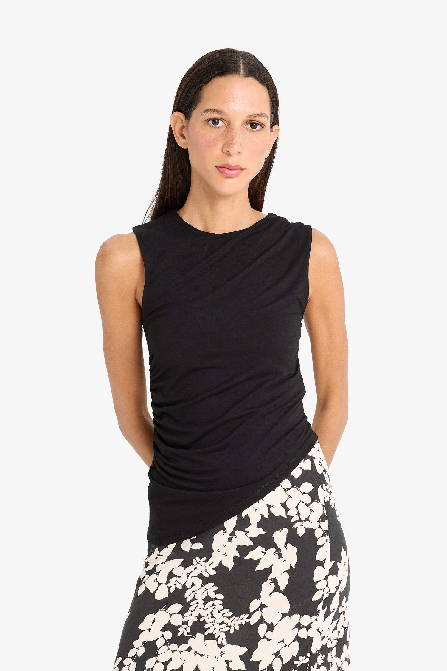 Slim Fit Basic Asymmetric Cut Draped Blouse