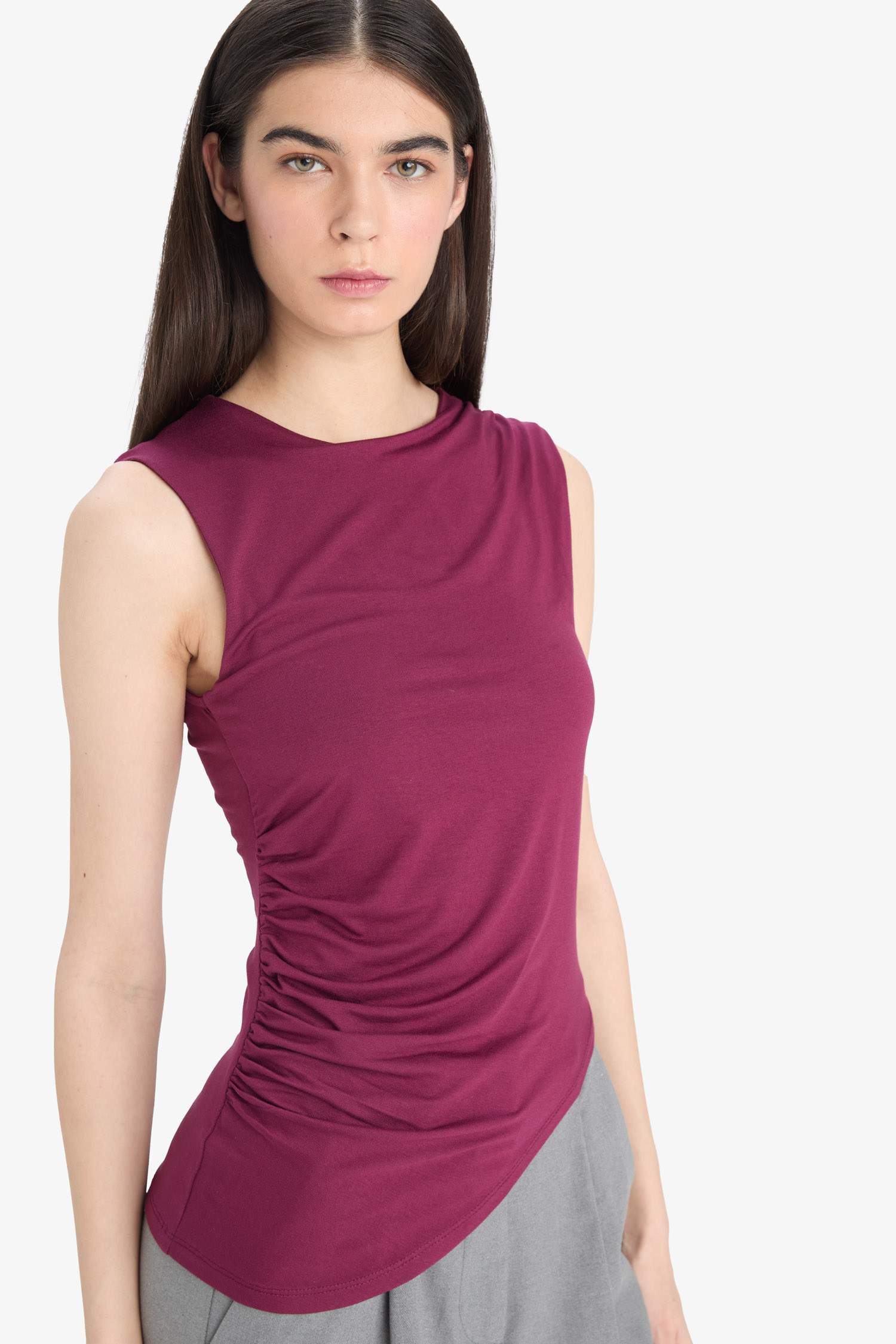 Slim Fit Basic Asymmetric Cut Draped Blouse