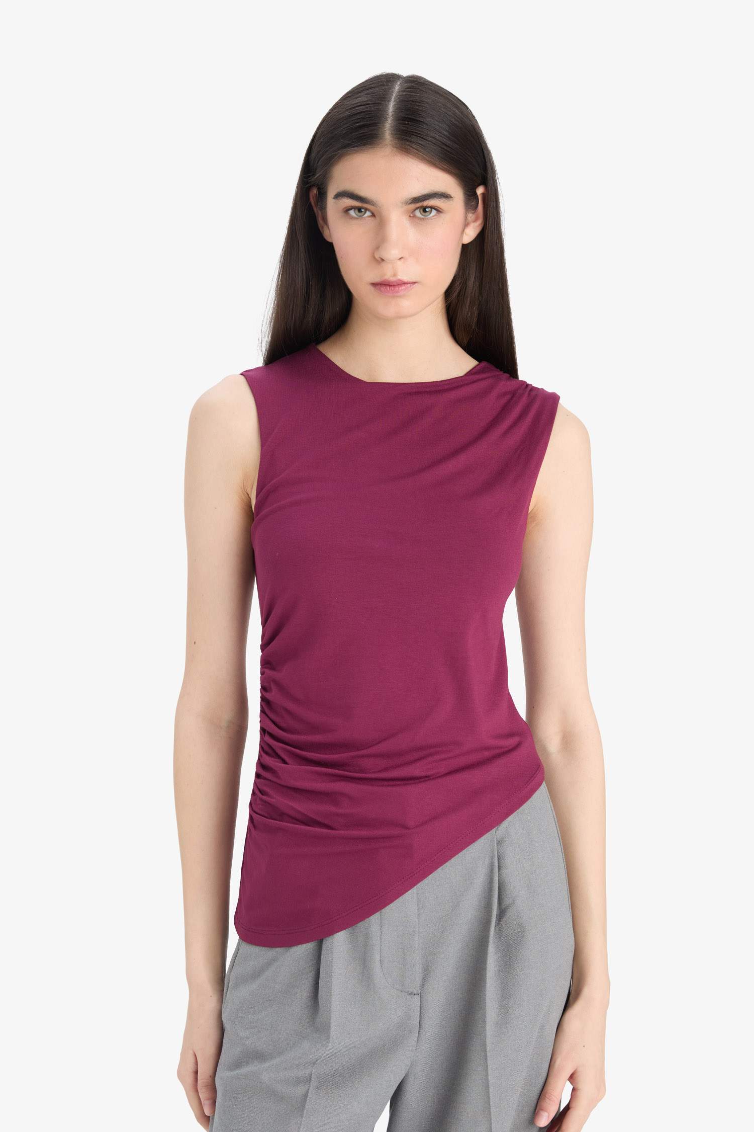 Slim Fit Basic Asymmetric Cut Draped Blouse
