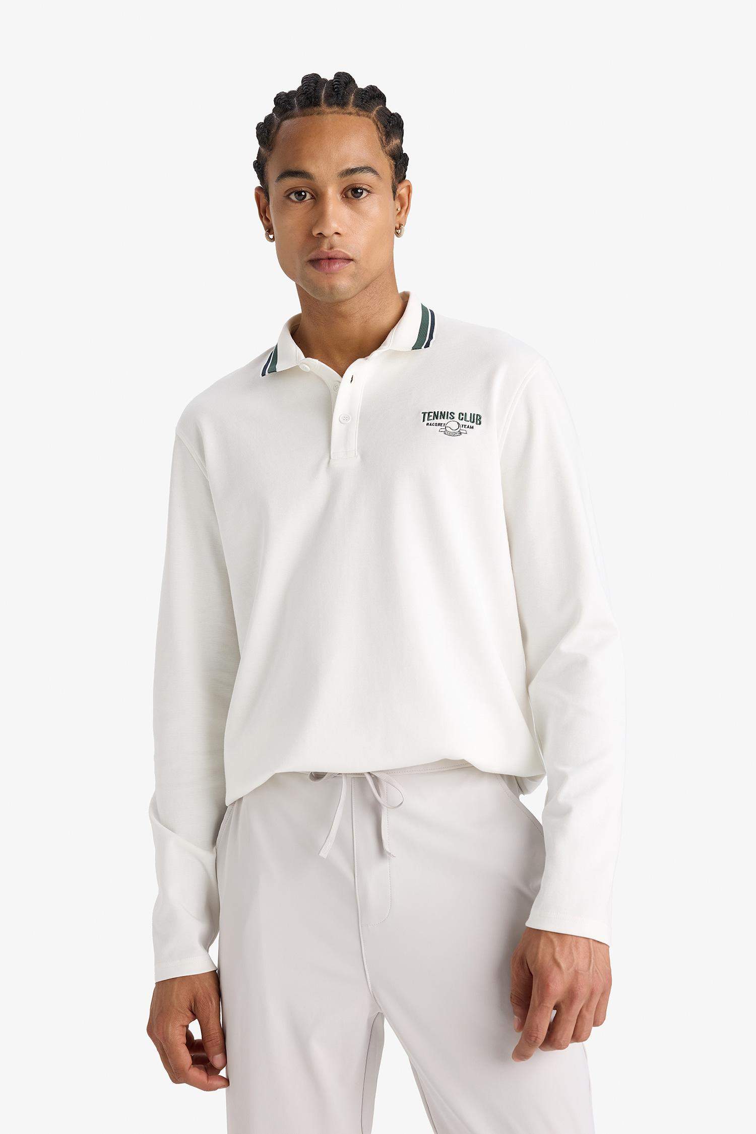 Standart Fit Polo Yaka Baskılı Sporcu Uzun Kollu Tişört