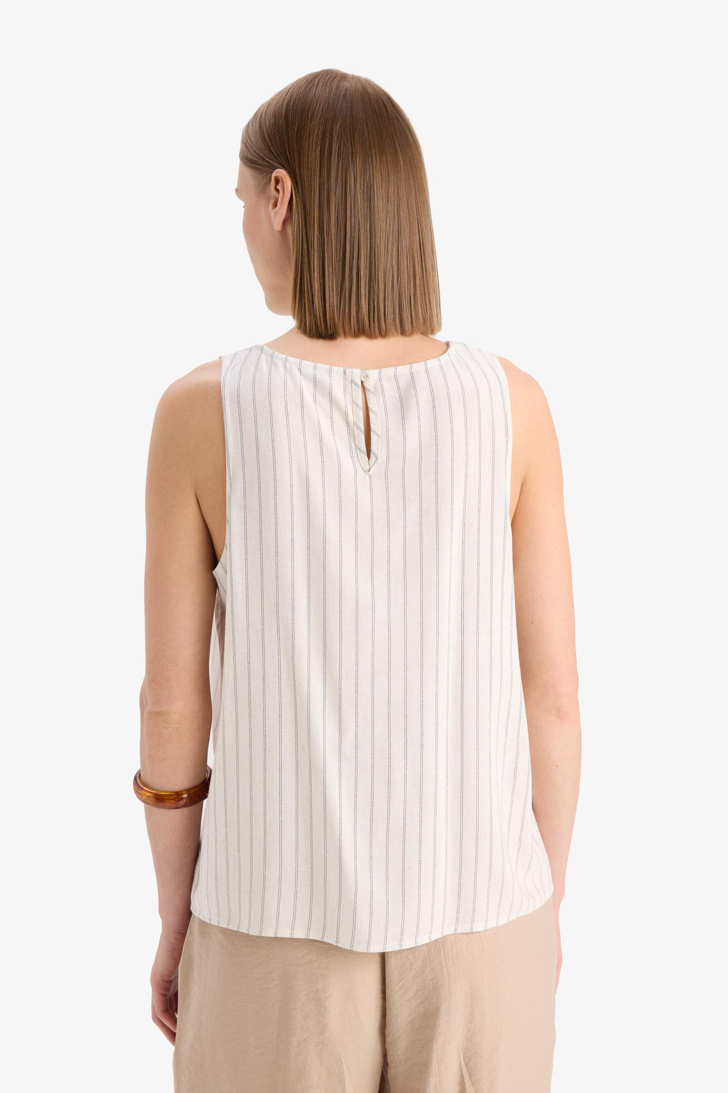 Bisiklet Yaka Çizgili Keten Karışımlı Kolsuz Bluz