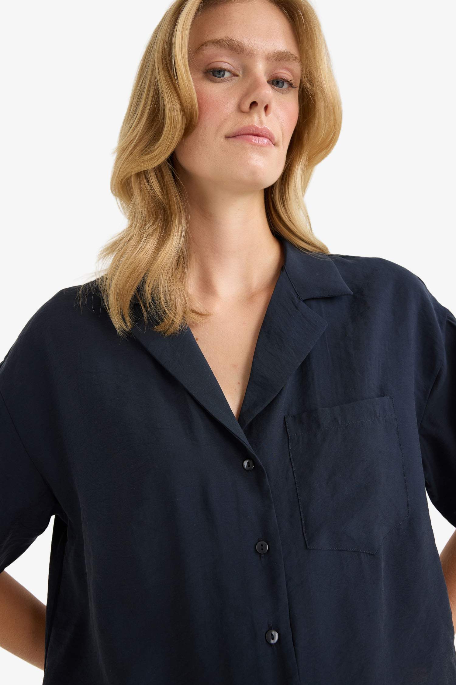 Loose Fit Ceket Yaka Modal Kısa Kollu Gömlek