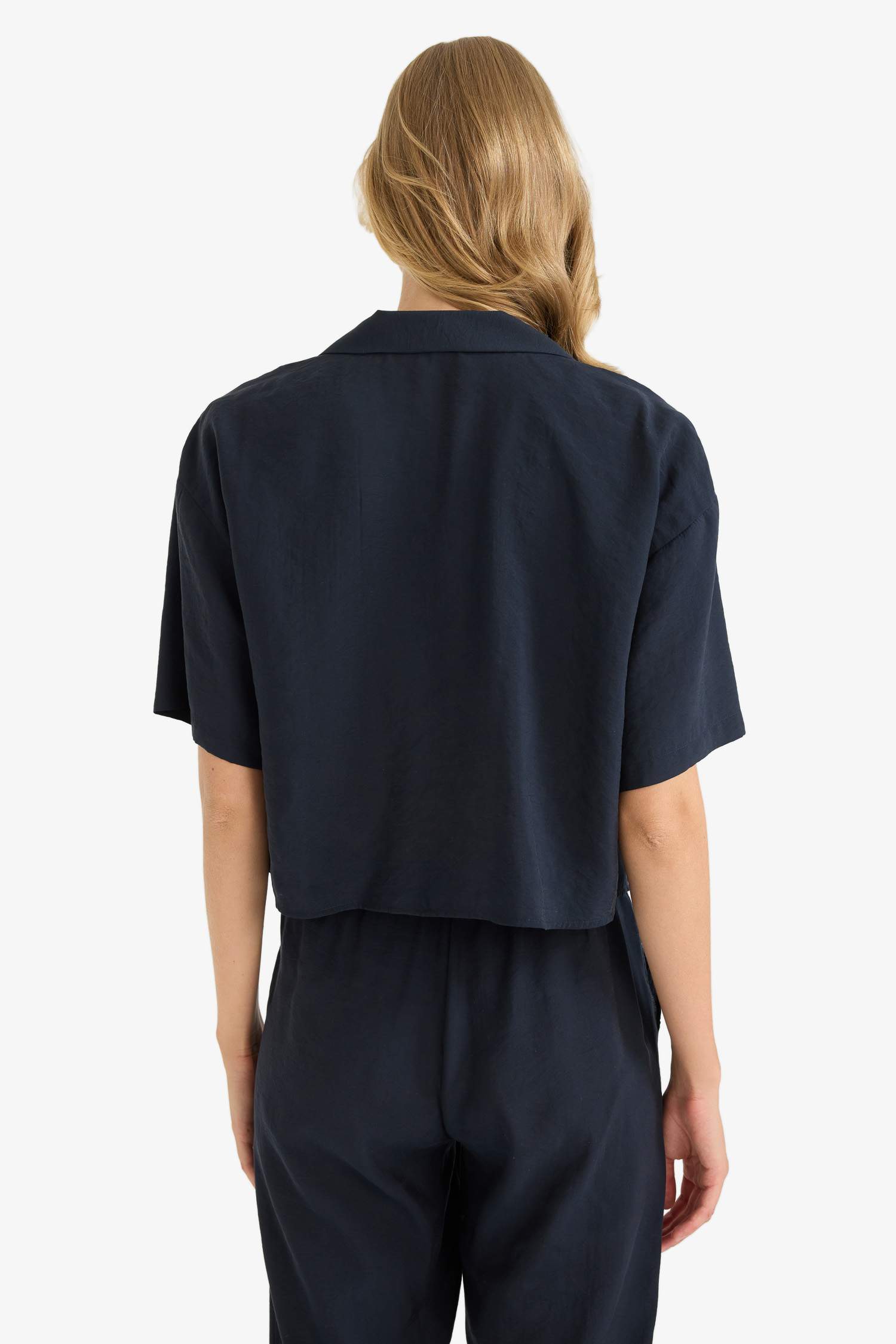 Loose Fit Ceket Yaka Modal Kısa Kollu Gömlek