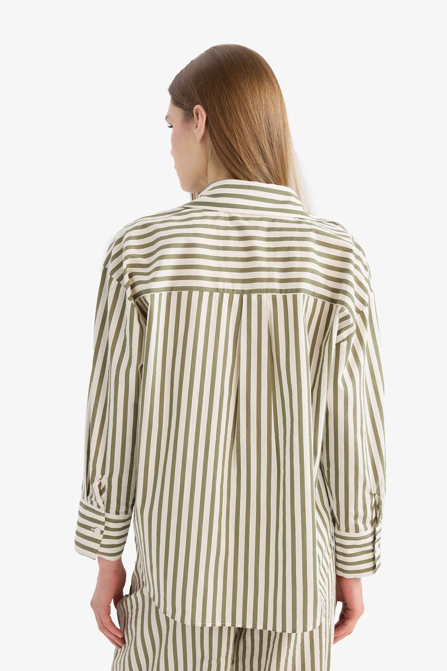 Loose Fit Çizgili Poplin Uzun Kollu Gömlek