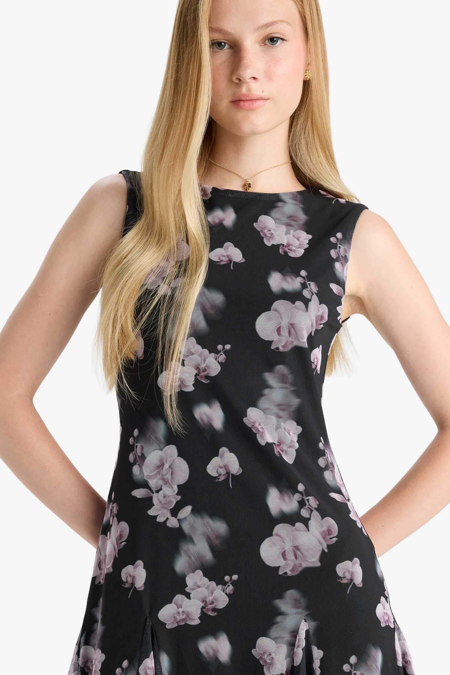 Crew Neck Printed Tulle Mini Dress