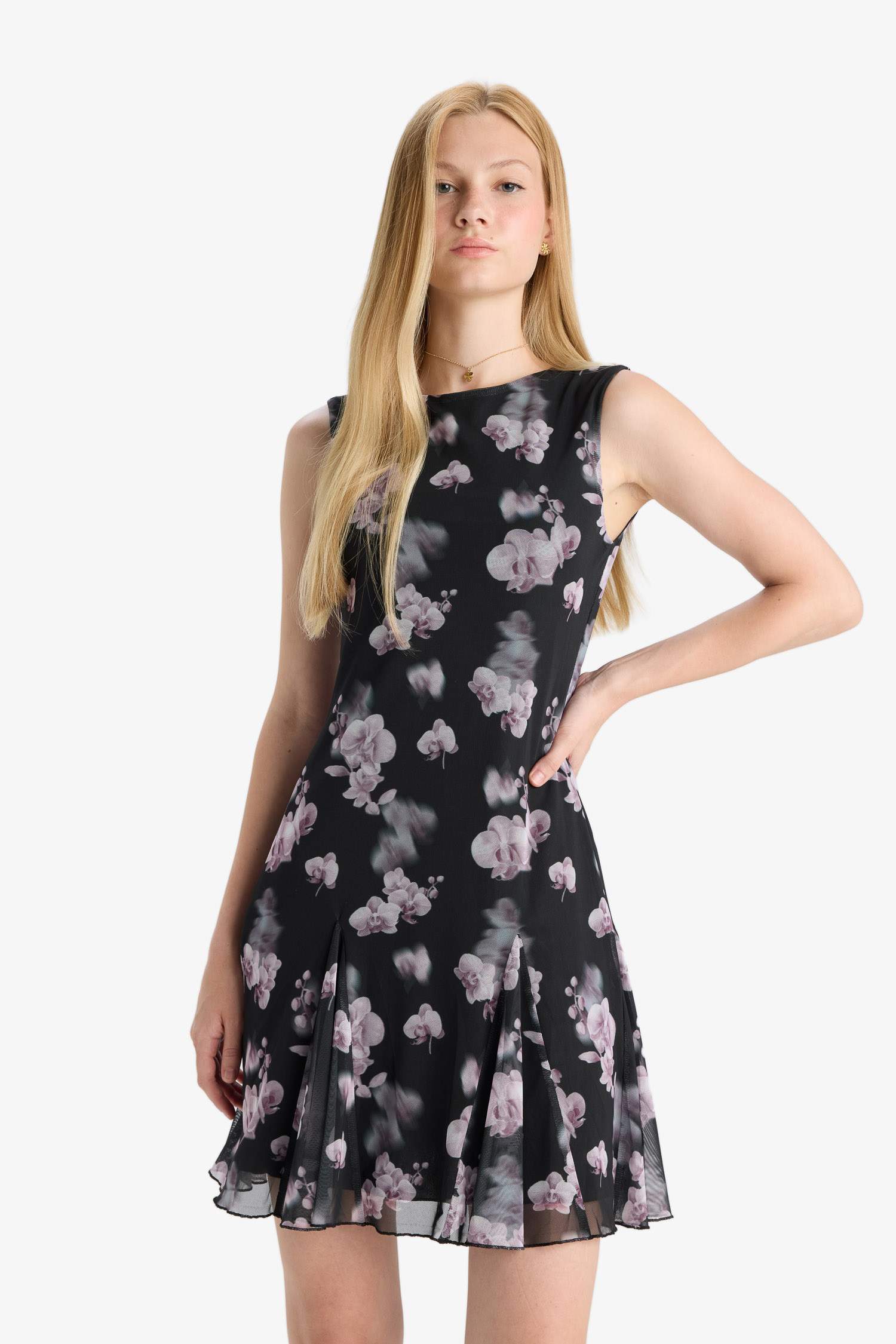 Crew Neck Printed Tulle Mini Dress