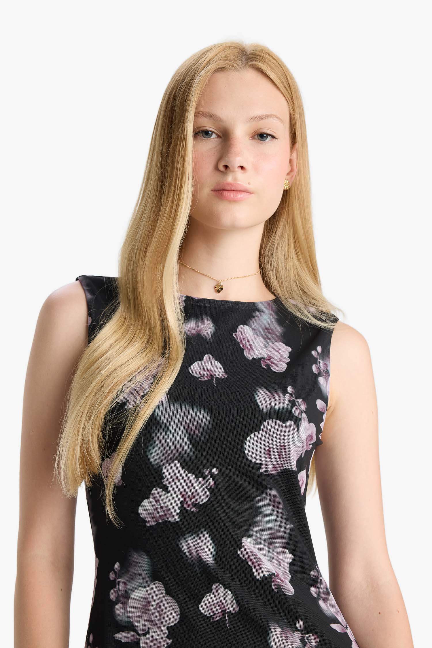 Crew Neck Printed Tulle Mini Dress