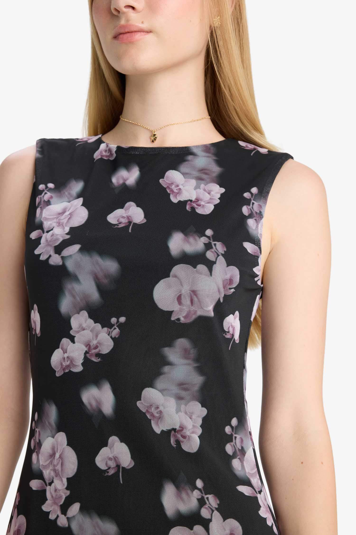 Crew Neck Printed Tulle Mini Dress