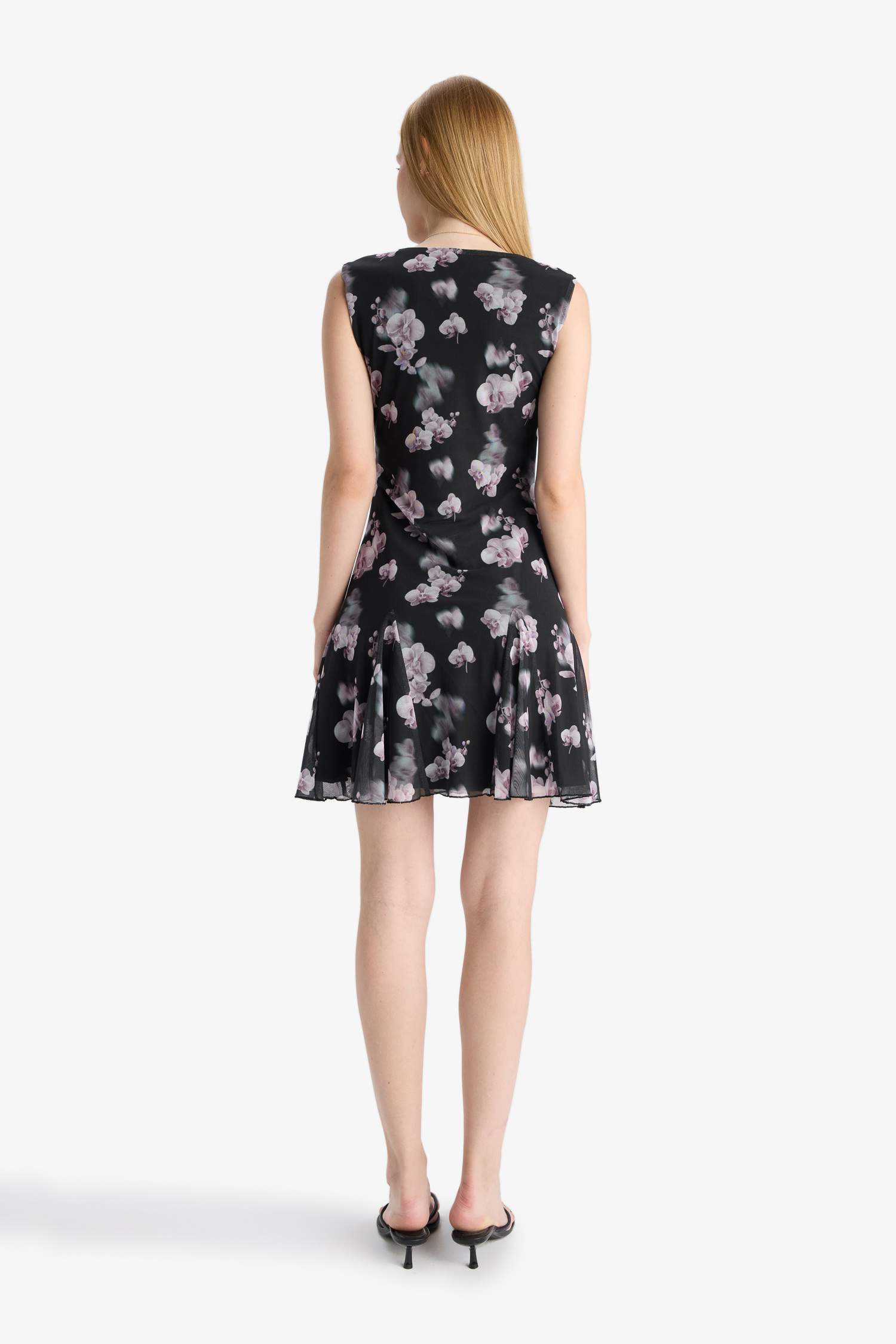 Crew Neck Printed Tulle Mini Dress