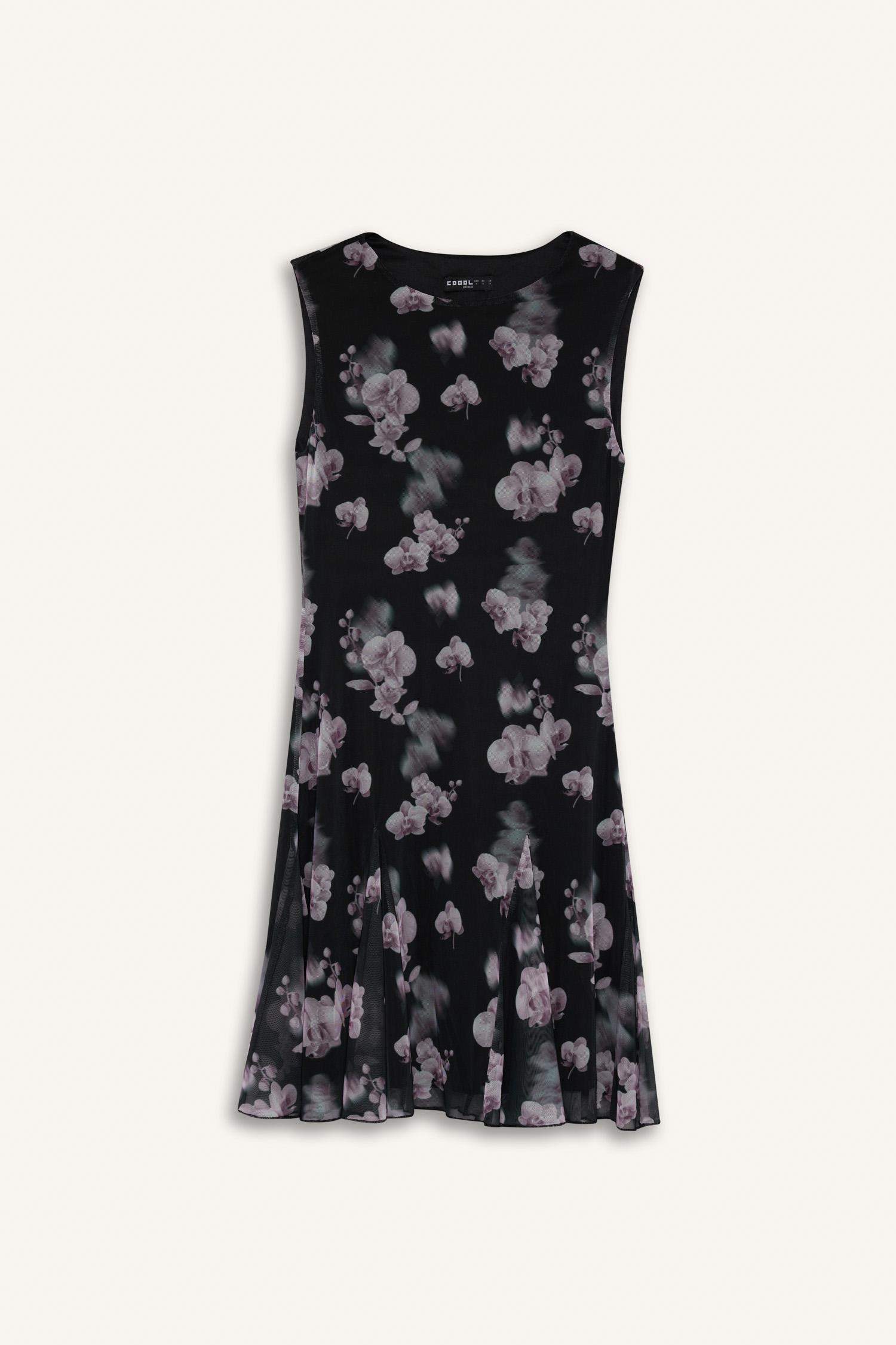 Crew Neck Printed Tulle Mini Dress