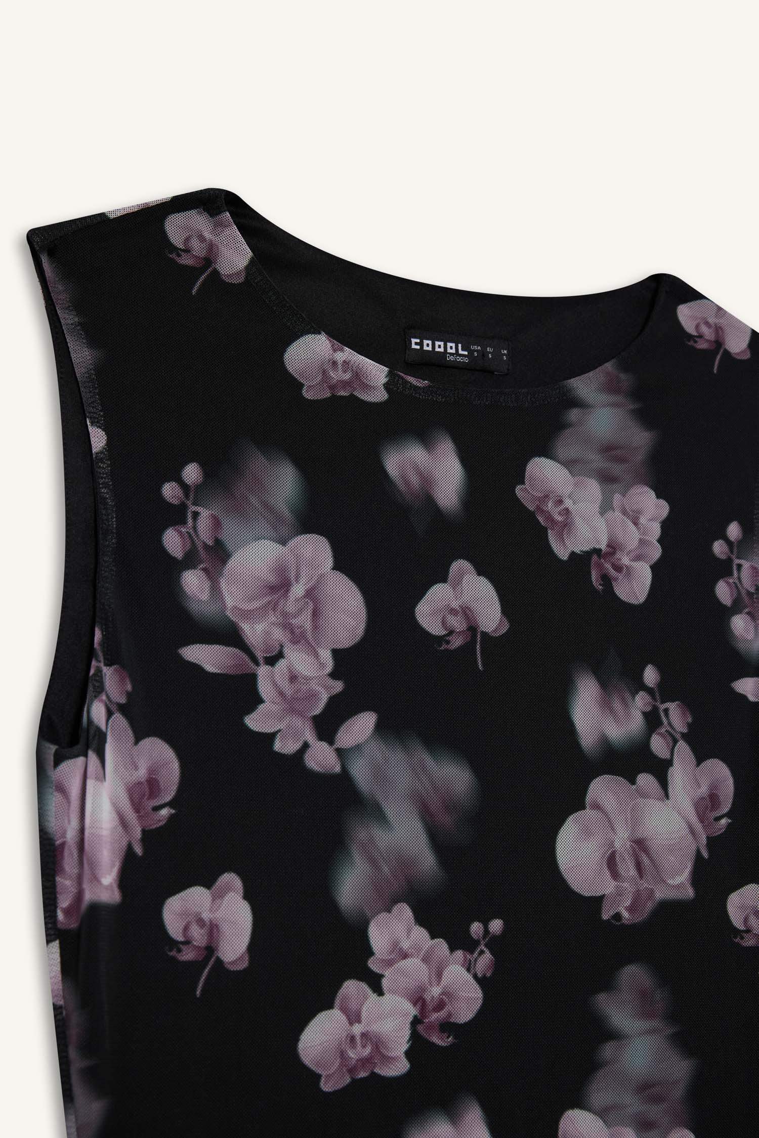 Crew Neck Printed Tulle Mini Dress