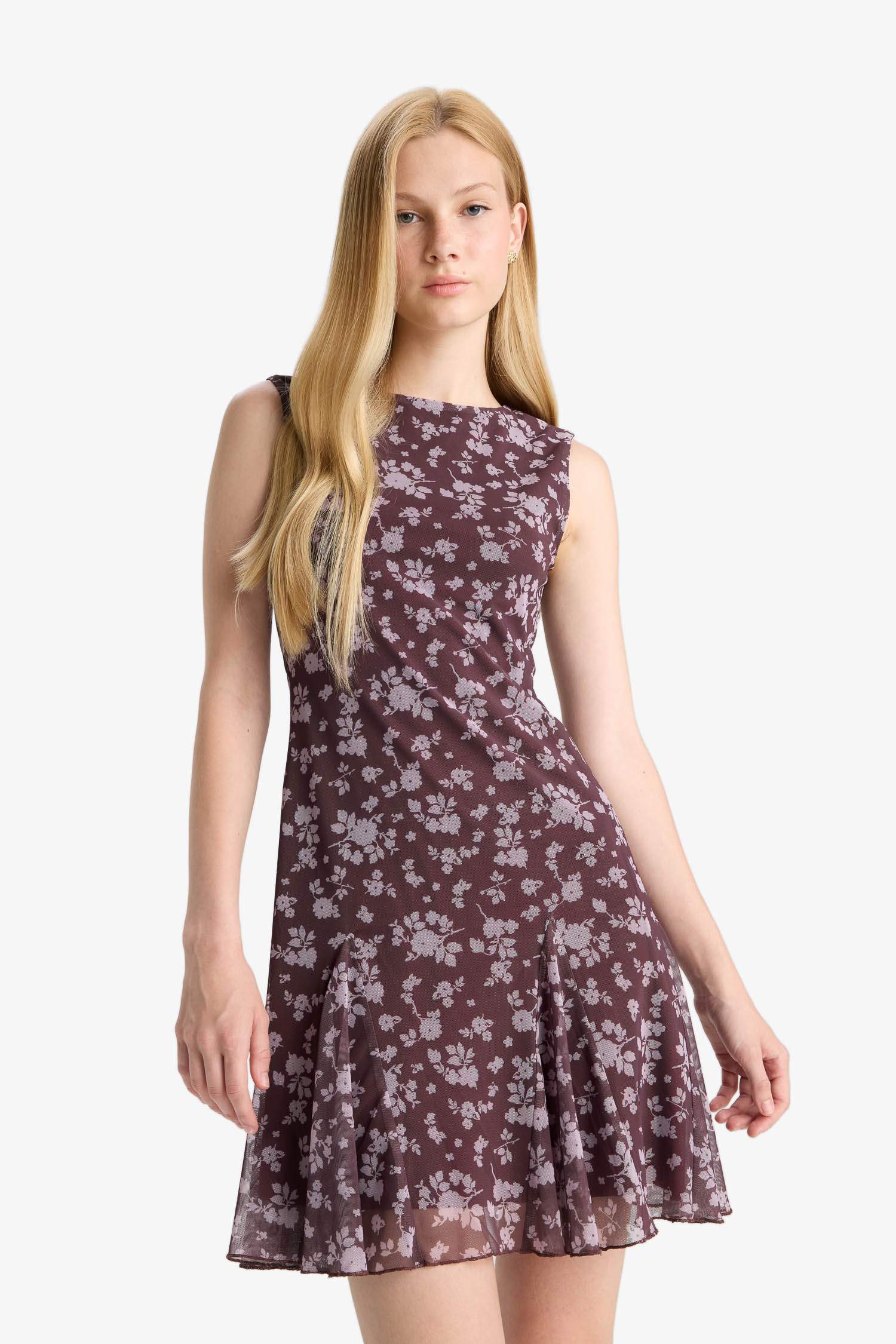 Coool Bisiklet Yaka Desenli Tül Kolsuz Mini Elbise