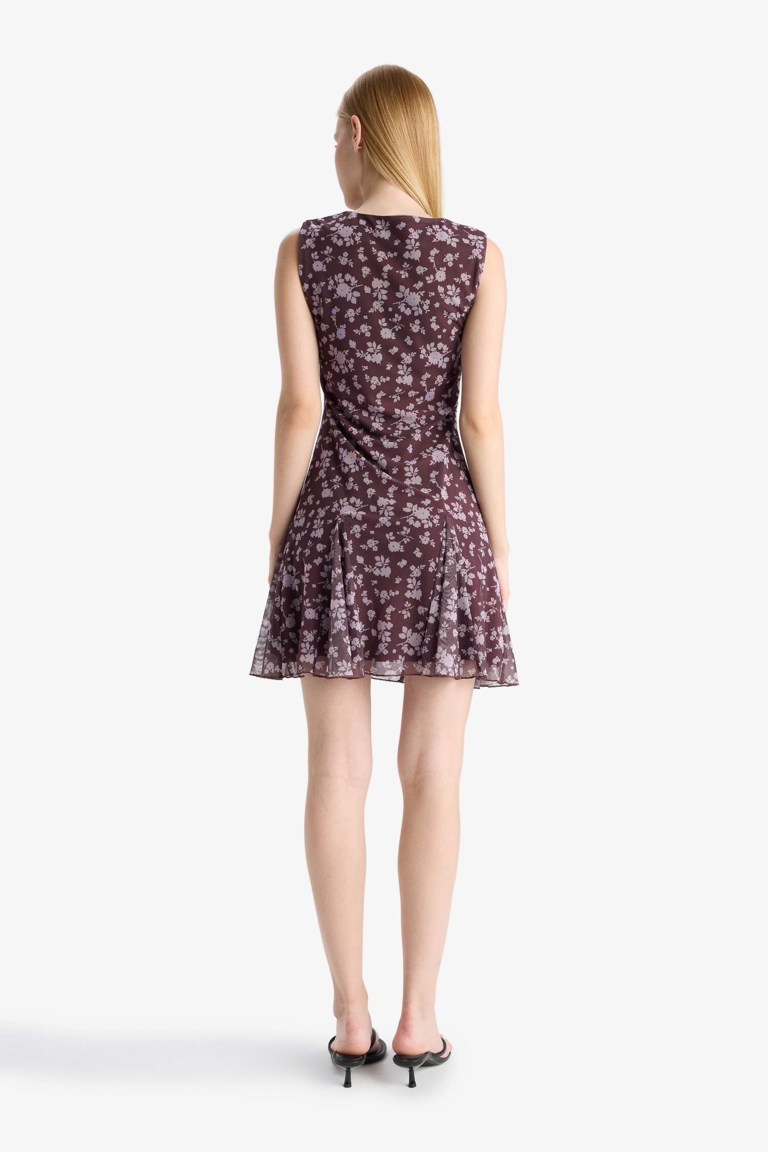 Coool Bisiklet Yaka Desenli Tül Kolsuz Mini Elbise