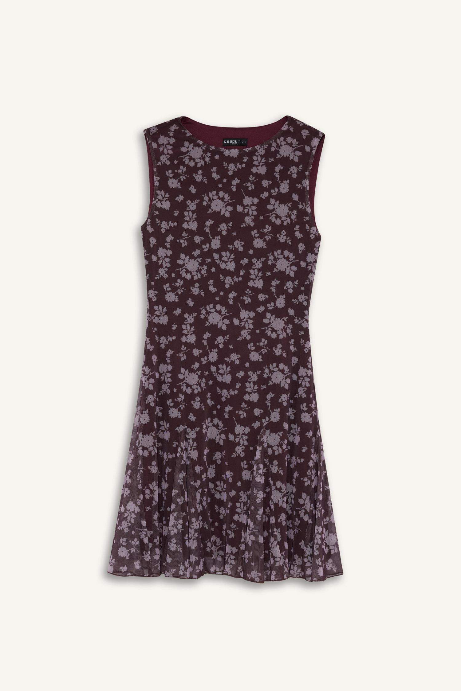 Coool Bisiklet Yaka Desenli Tül Kolsuz Mini Elbise