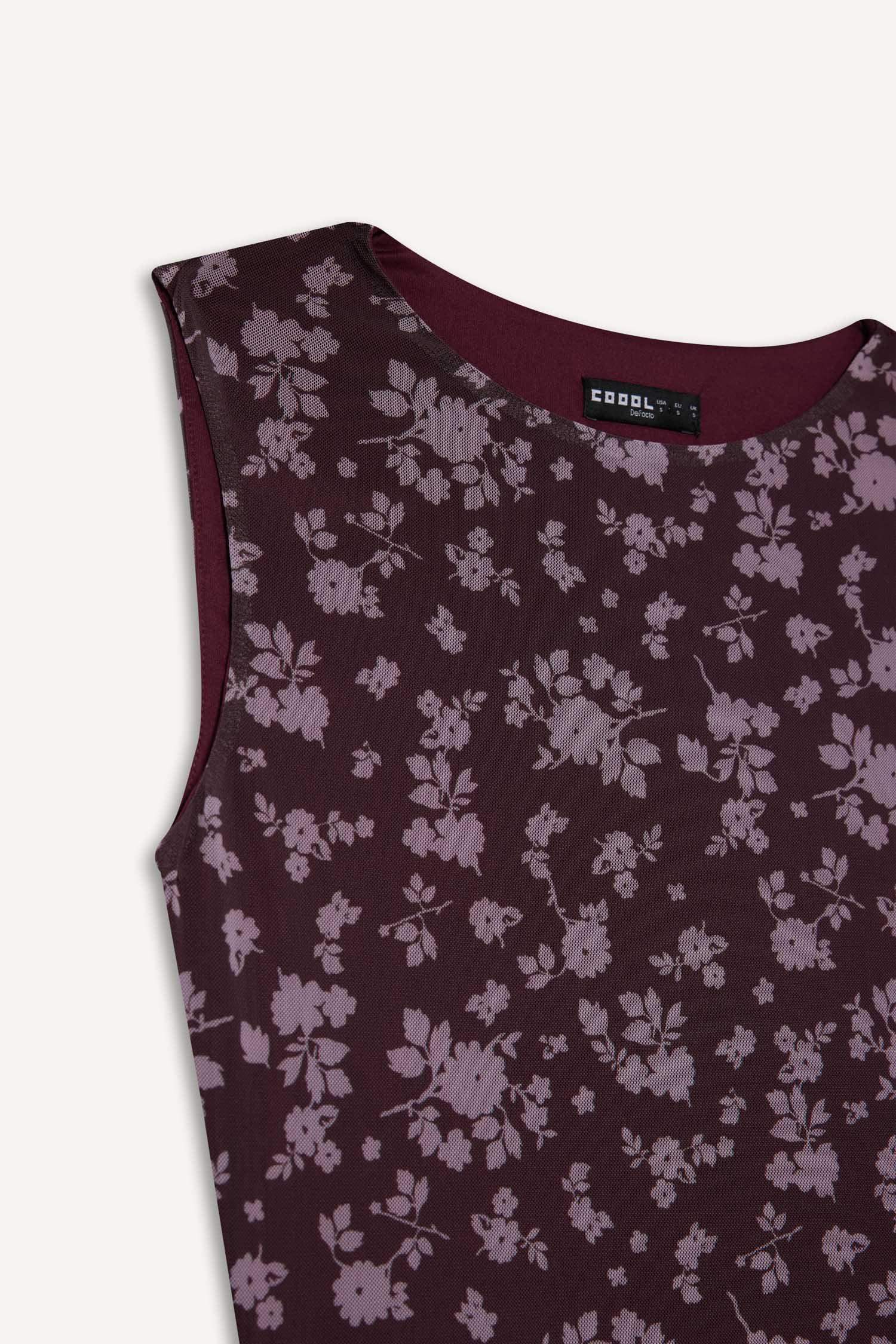 Coool Bisiklet Yaka Desenli Tül Kolsuz Mini Elbise