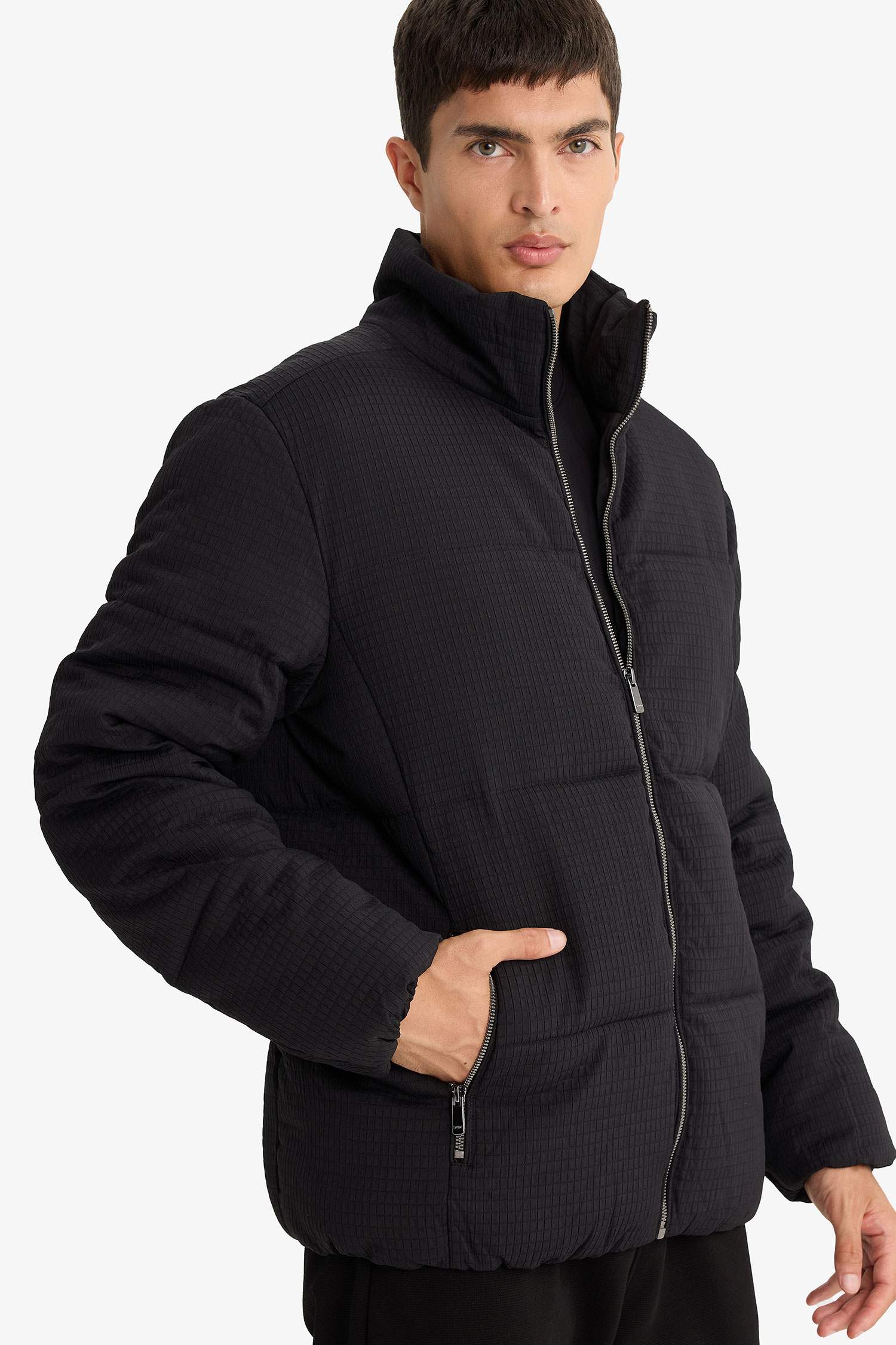 Regular Fit Stand Collar Lined Winter Puffer Jacket