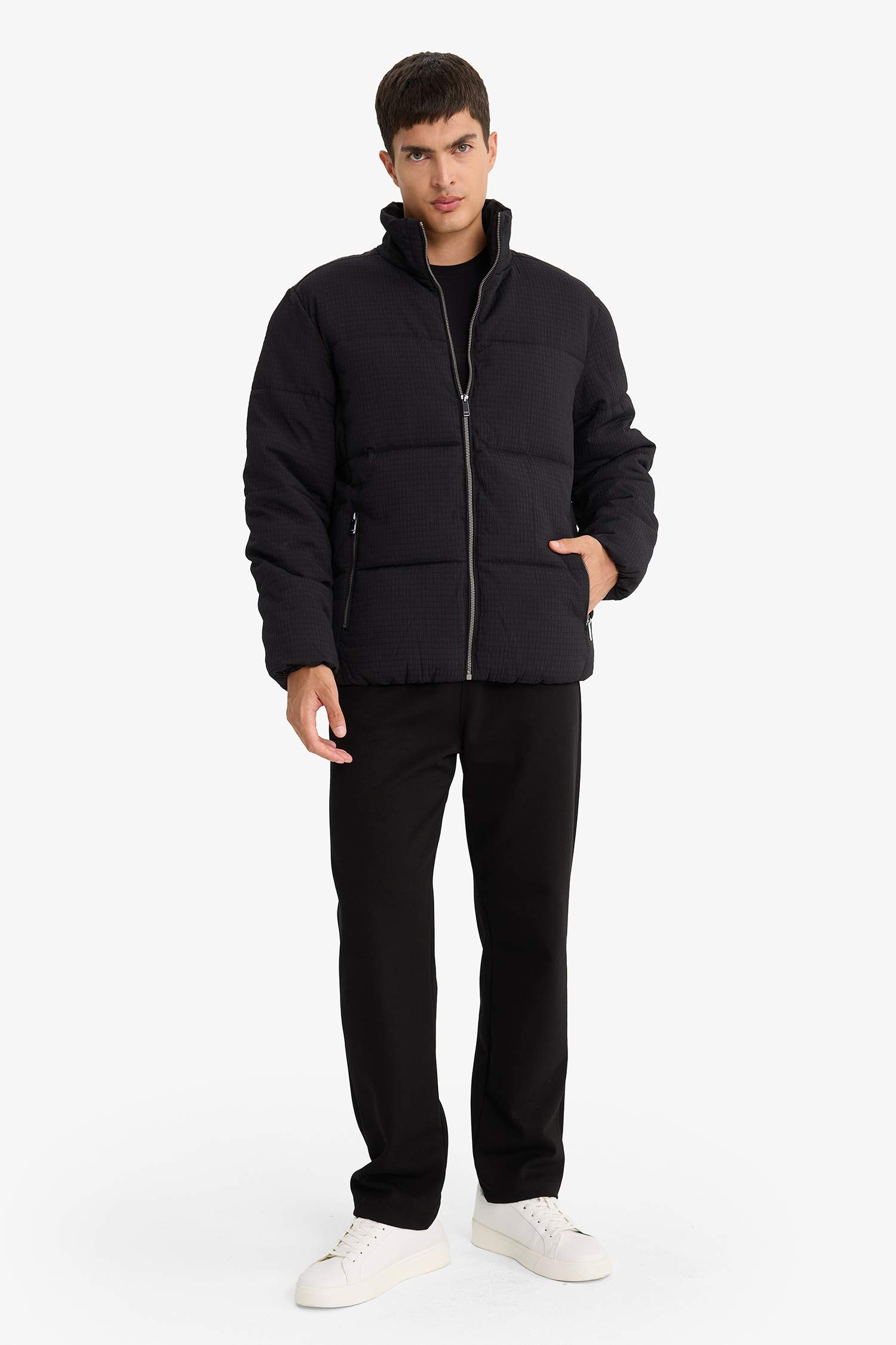 Regular Fit Stand Collar Lined Winter Puffer Jacket