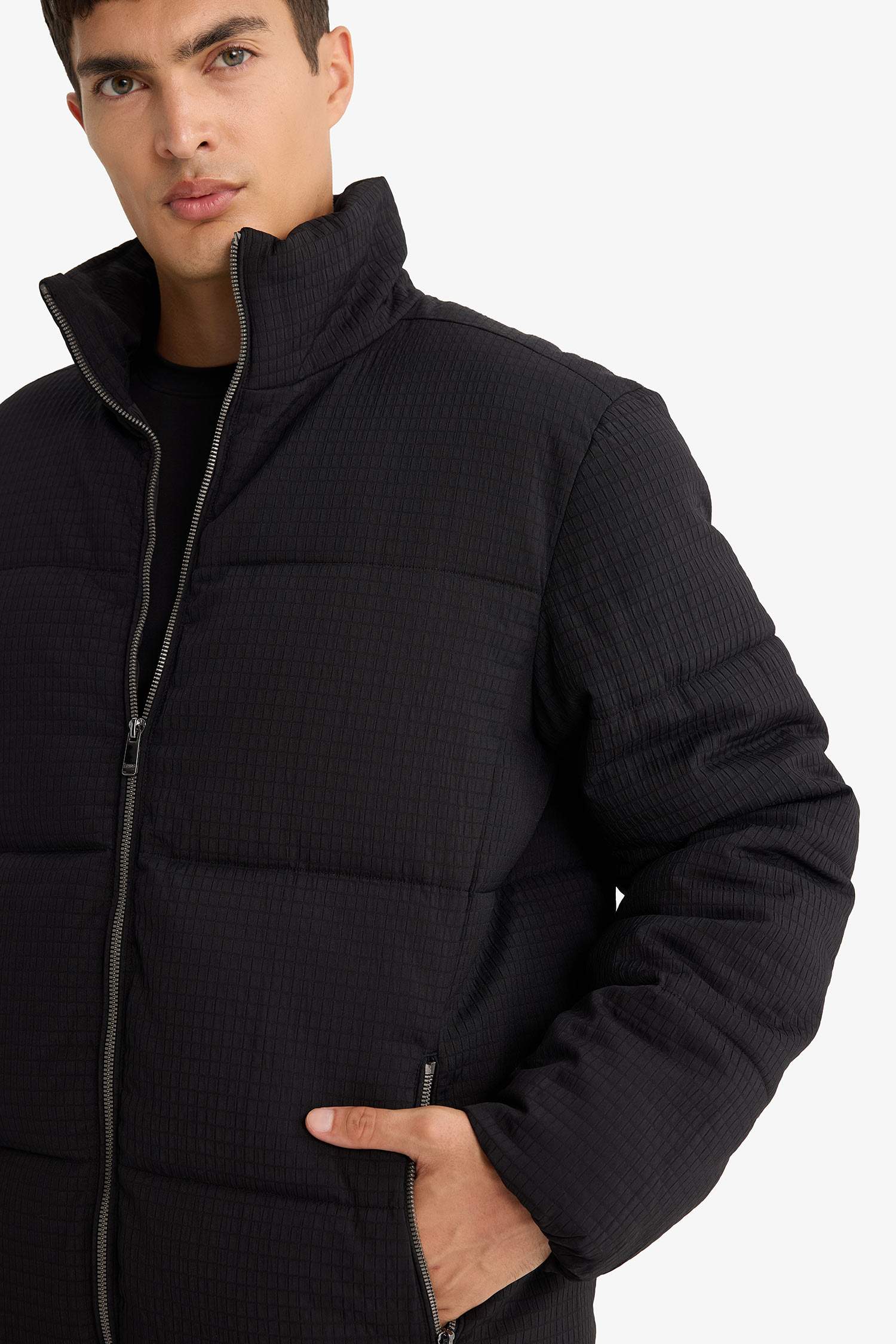 Regular Fit Stand Collar Lined Winter Puffer Jacket