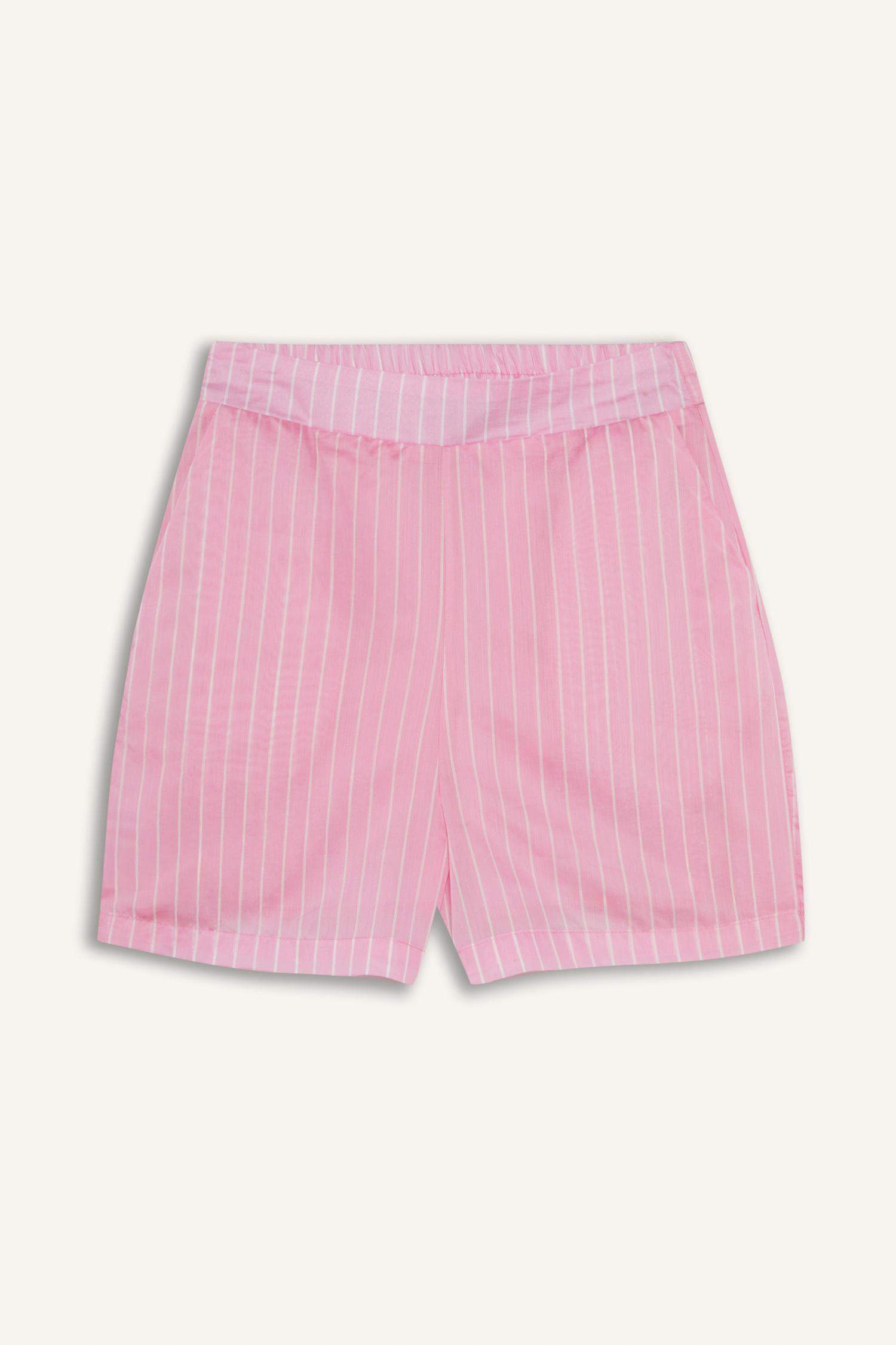 Afra x DeFacto Yüksek Bel Cepli Düz Paça Çizgili Şort