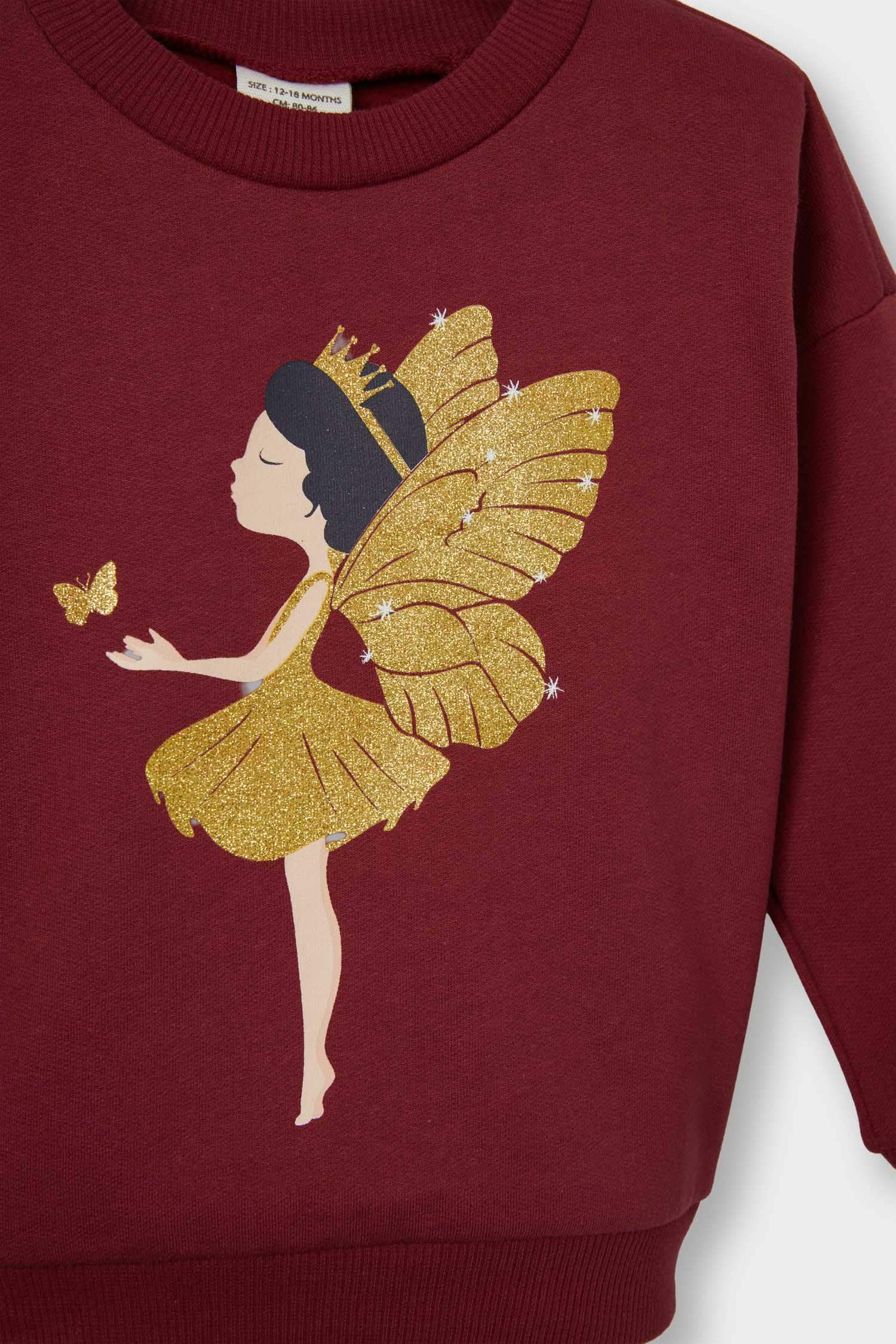 Kız Bebek Bisiklet Yaka Baskılı İçi Yumuşak Tüylü Sweatshirt