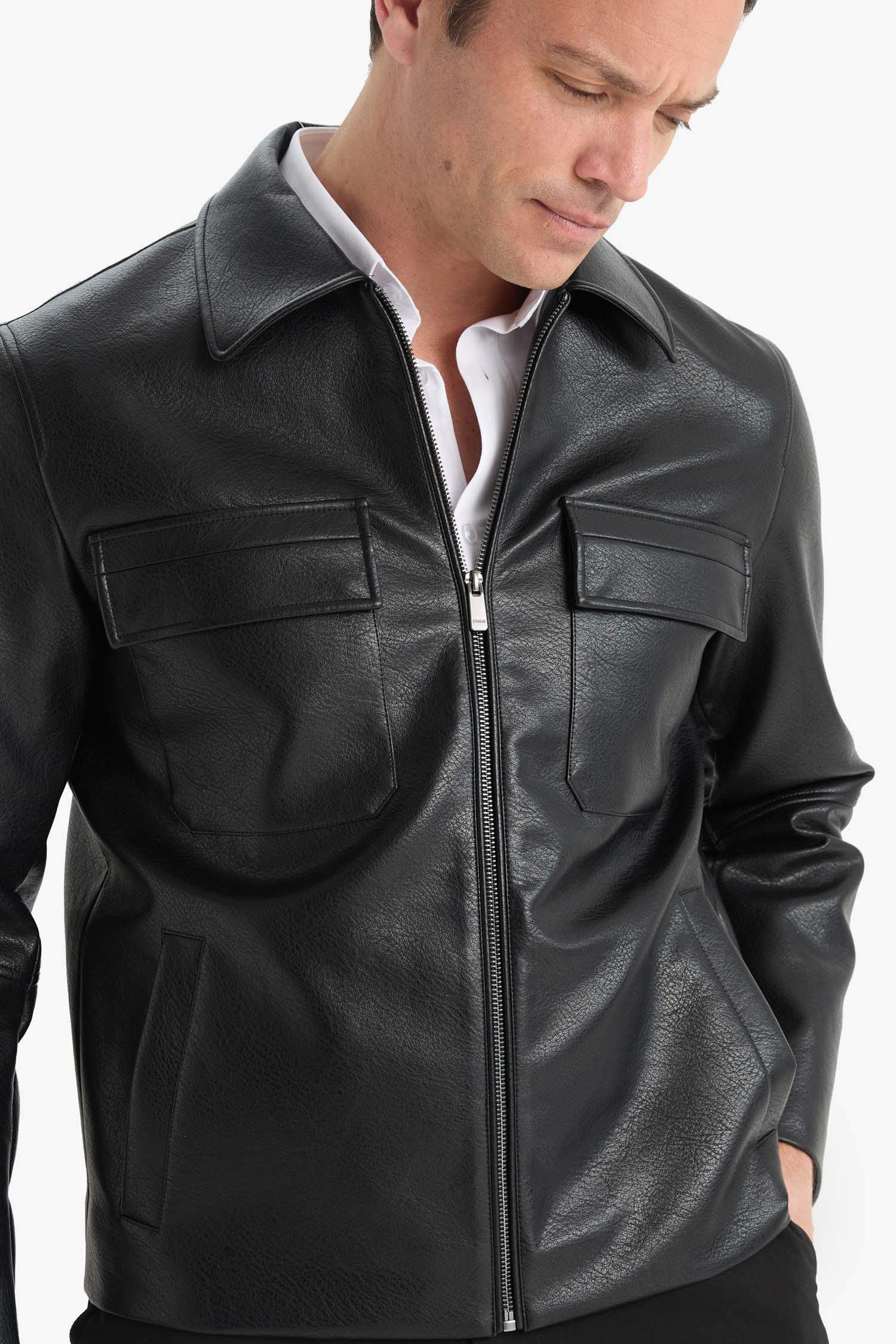 Su İtici Slim Fit Dar Kesim Polo Yaka İç Cepli Fermuarlı Rüzgar Geçirmez Suni Deri Mevsimlik Mont