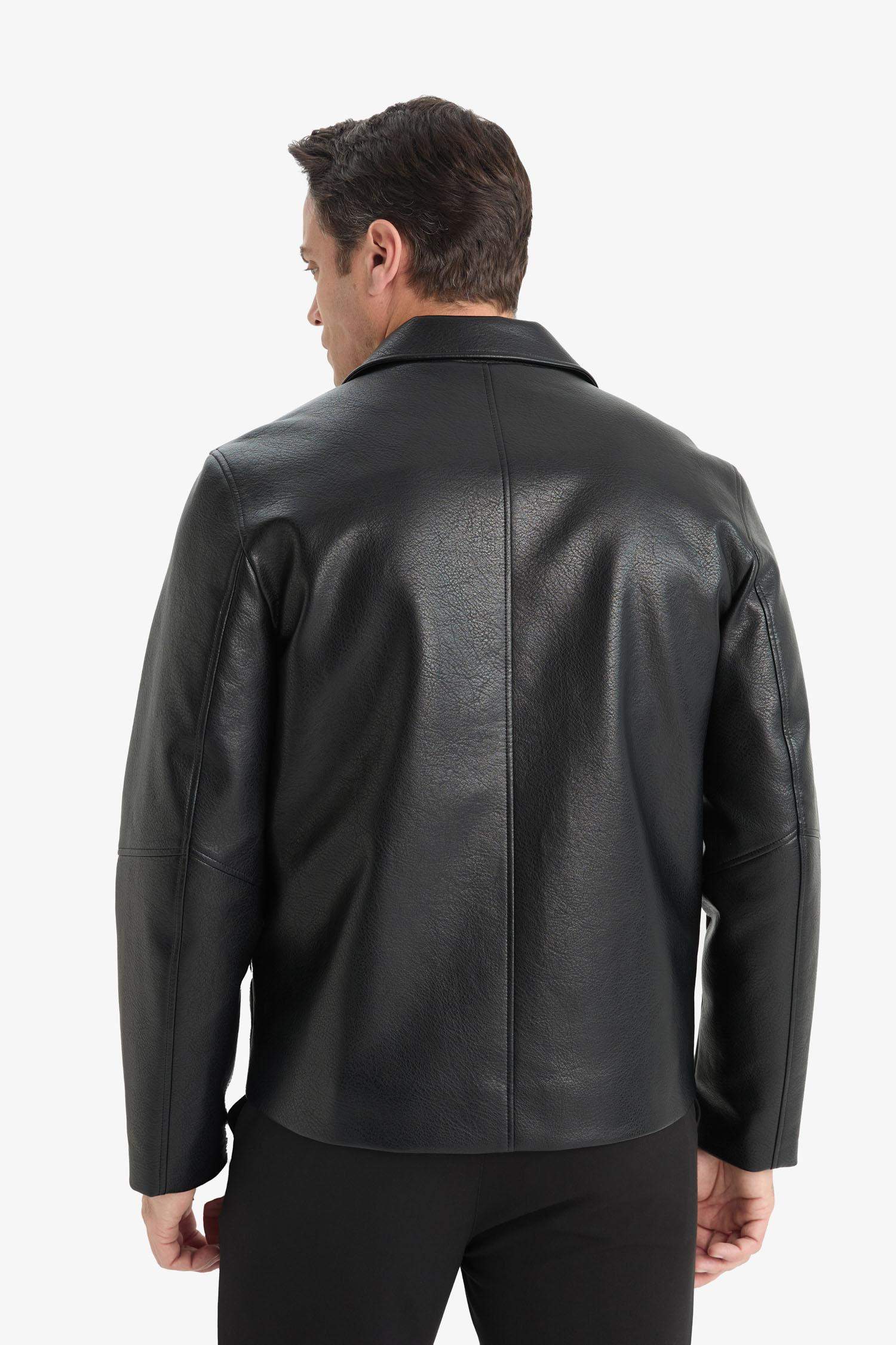 Su İtici Slim Fit Dar Kesim Polo Yaka İç Cepli Fermuarlı Rüzgar Geçirmez Suni Deri Mevsimlik Mont